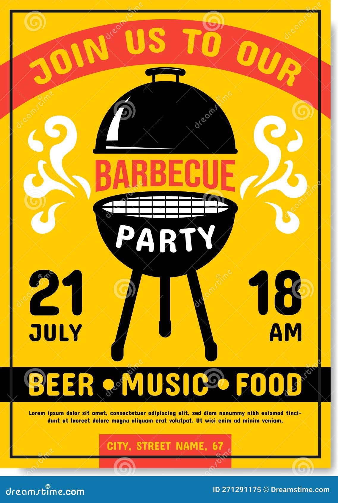 BBQ Party Flyer Template. Barbecue Party Poster with Sample Text Stock