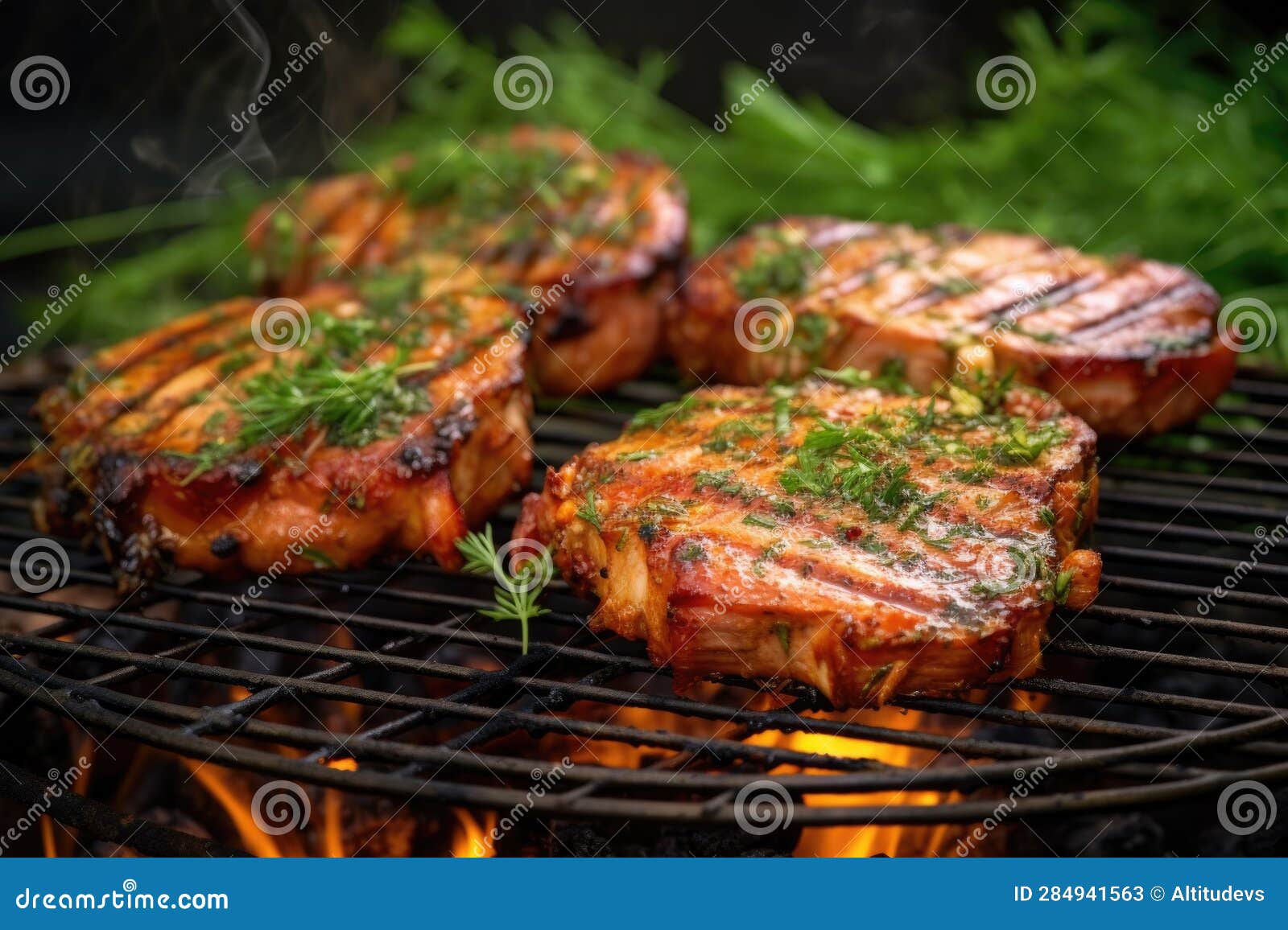 Bbq Pork Chops with Herbs and Spices on Grill Grate Stock Image Image