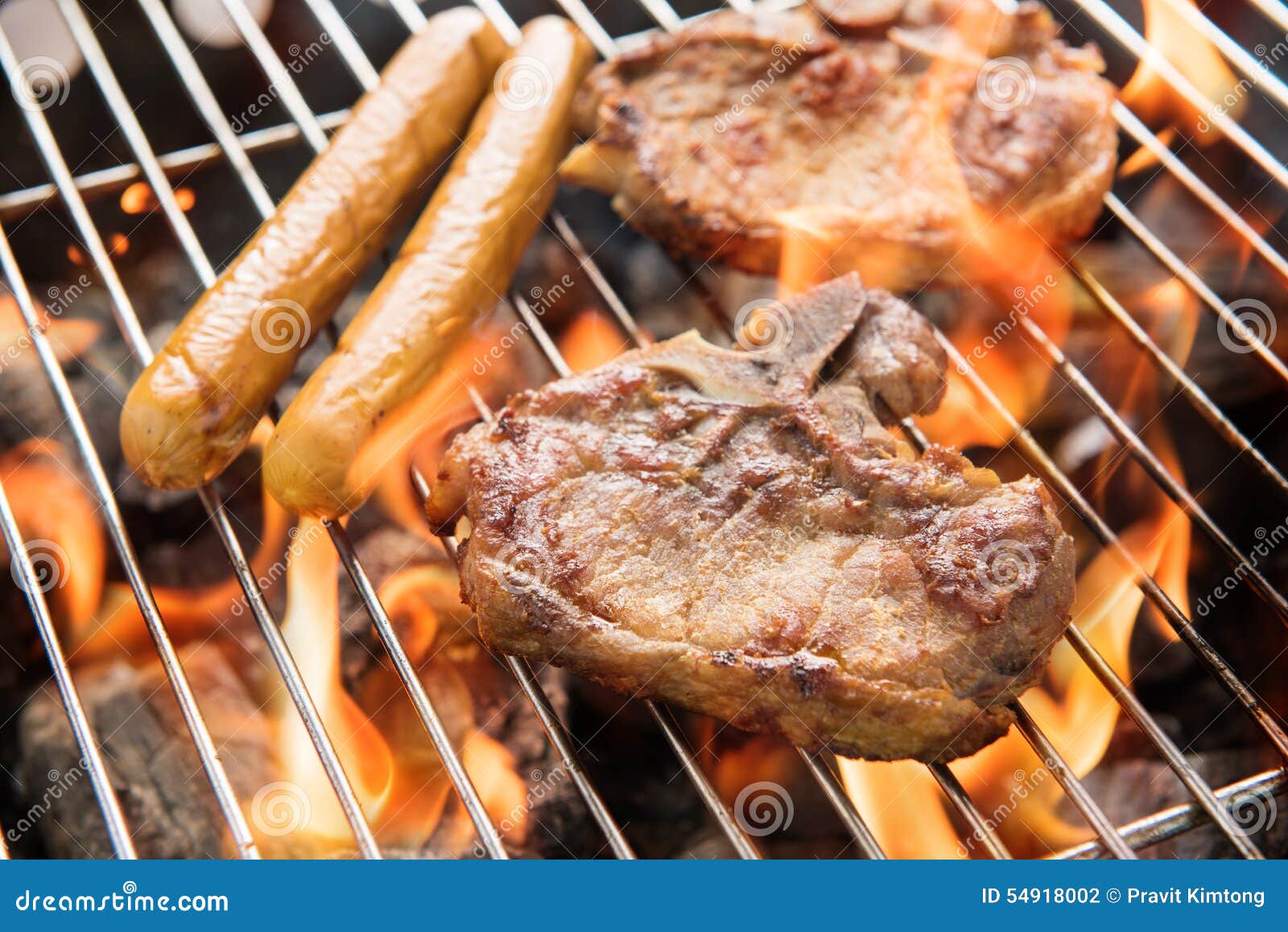 BBQ Pork Meat and Sausages on the Grill. Stock Photo Image of cook