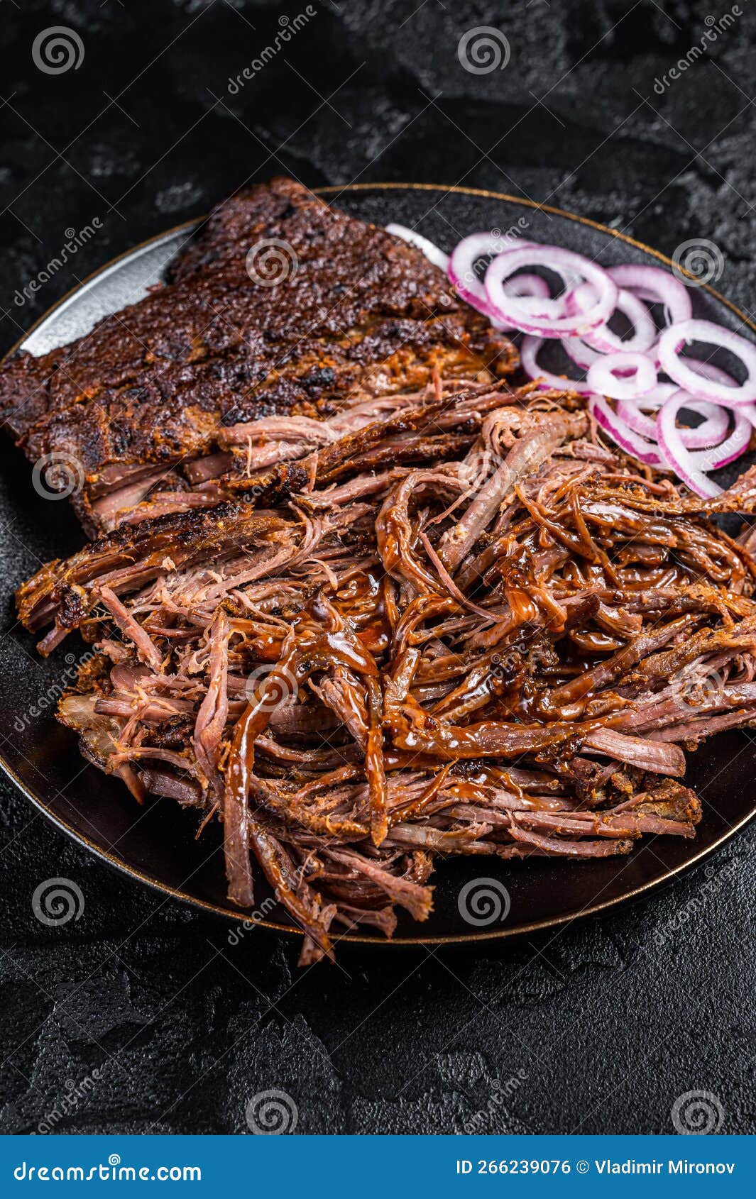 BBQ Pulled Pork Meat on Plate. Black Background Stock Photo Image of