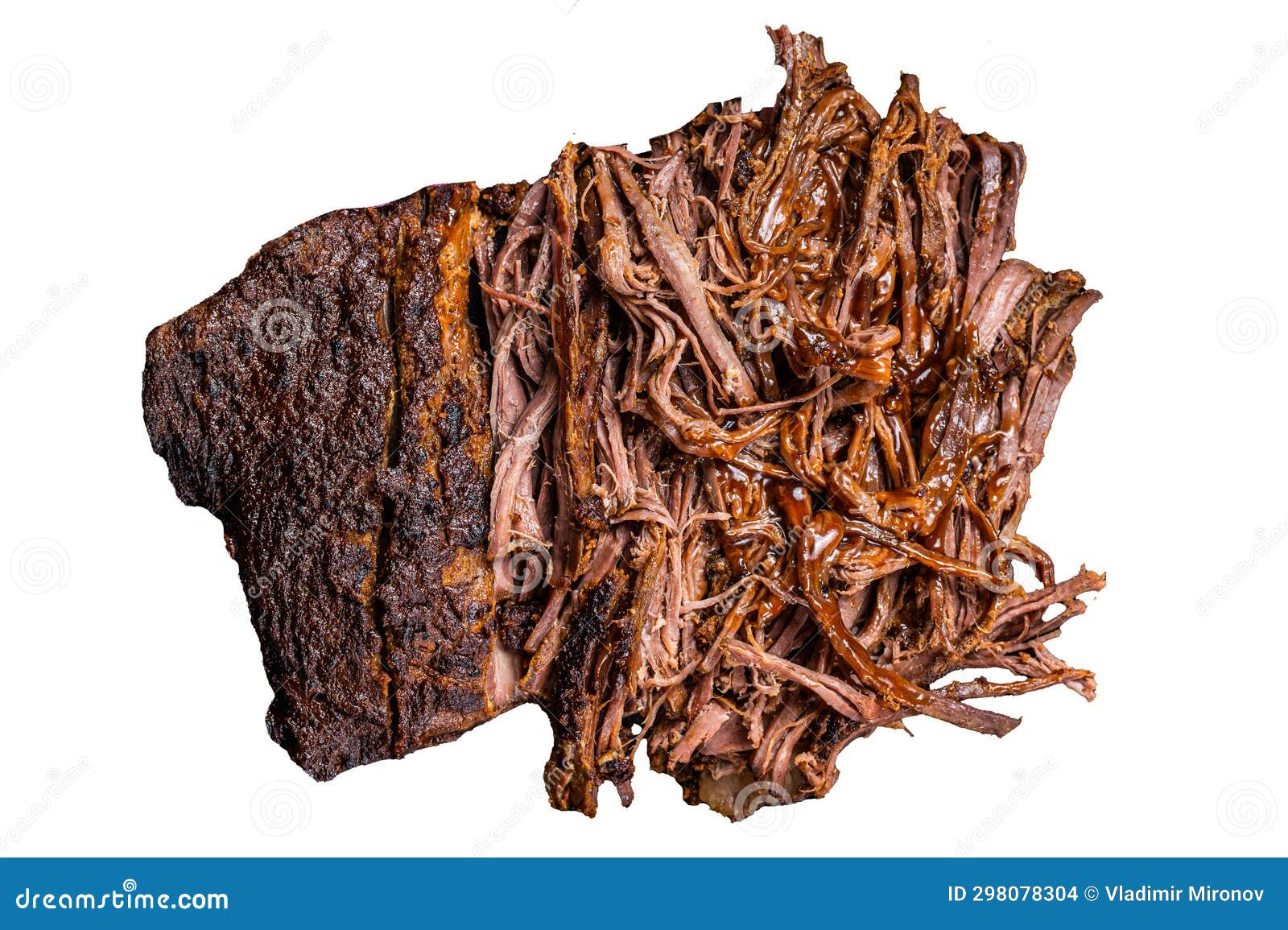 BBQ Pulled Pork Meat on Plate. Isolated, White Background. Stock Photo