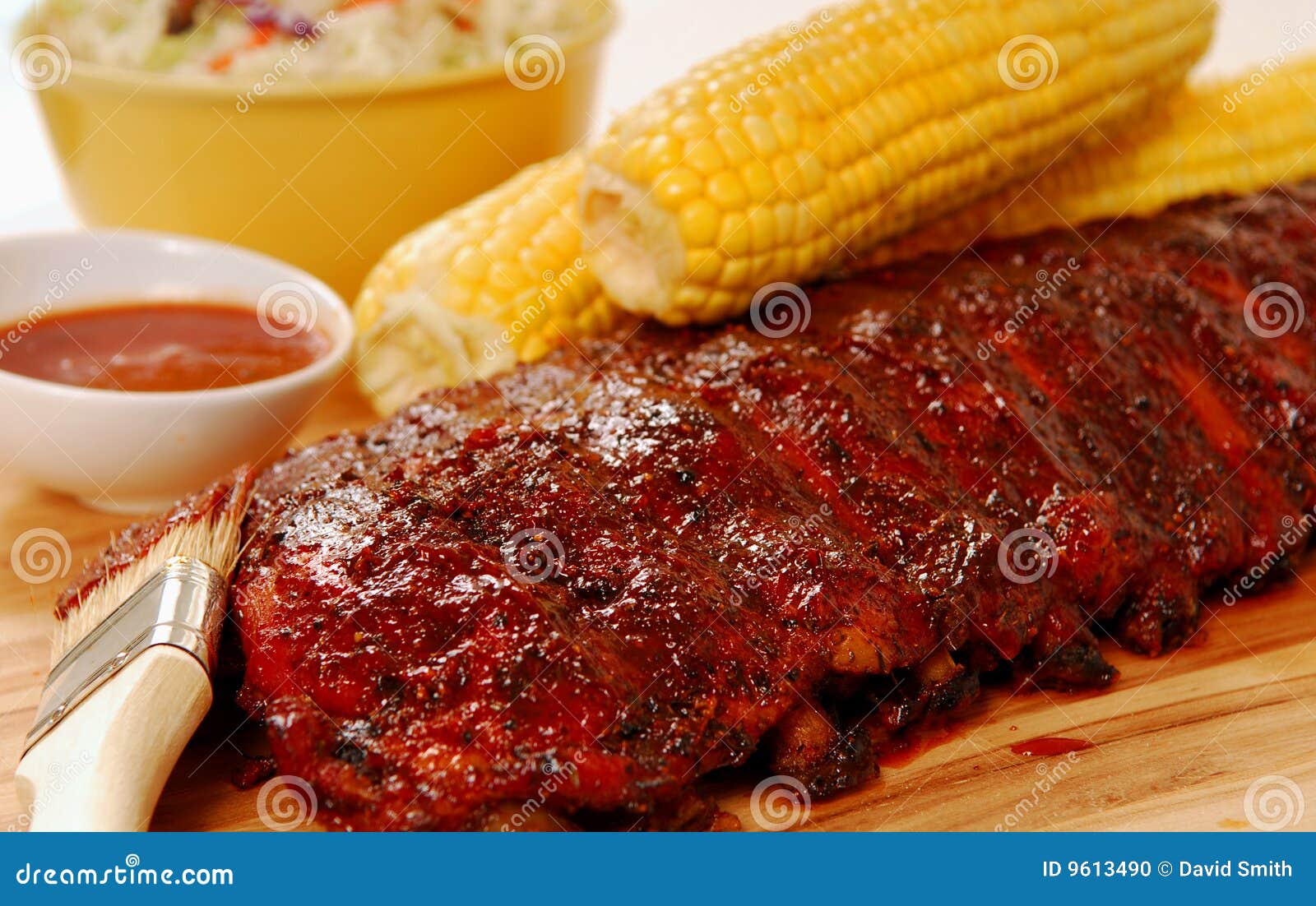 BBQ Ribs with Cole Slaw, Corn and Dipping Sauce Stock Photo Image of