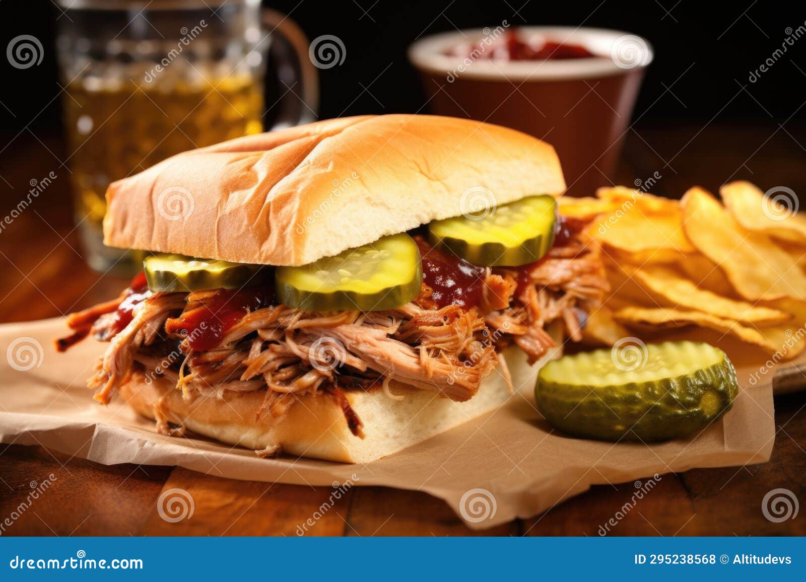 Bbq Sandwich with a Side of Pickles and Chips Stock Photo Image of