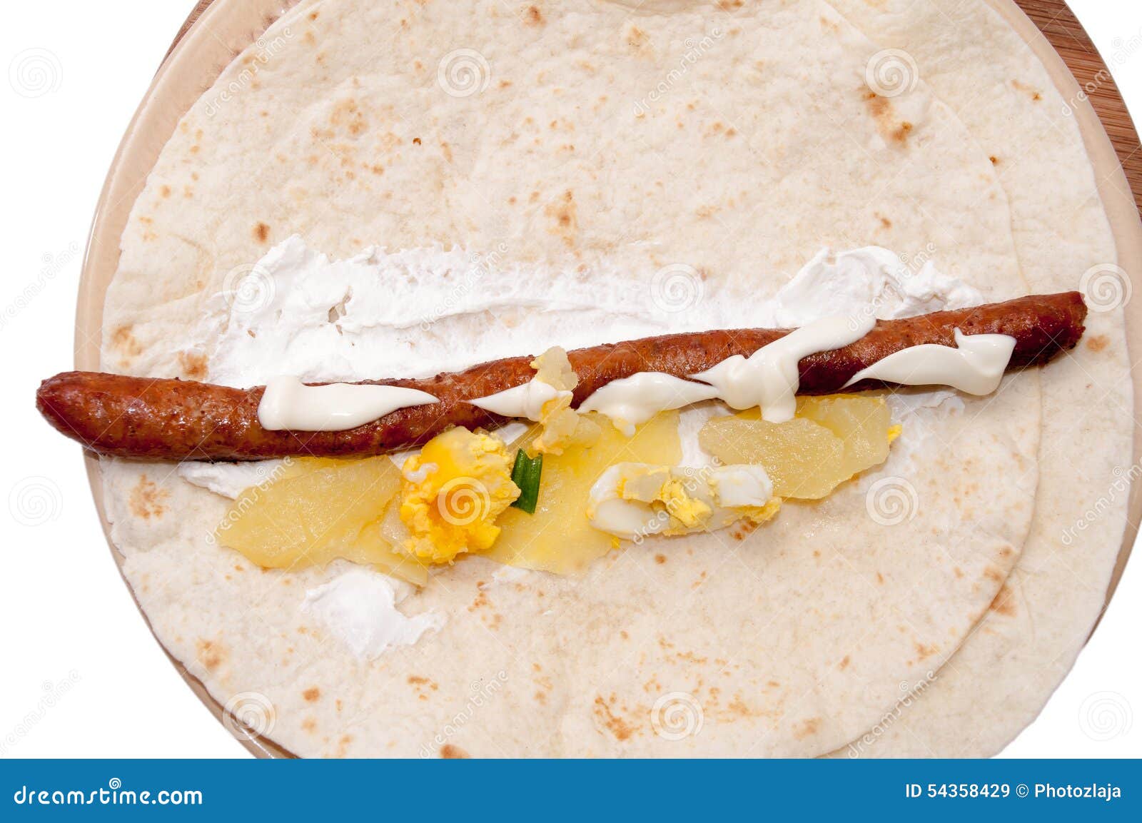 BBQ Sausage with Potato Salad and Eggs on a Tortilla Stock Image