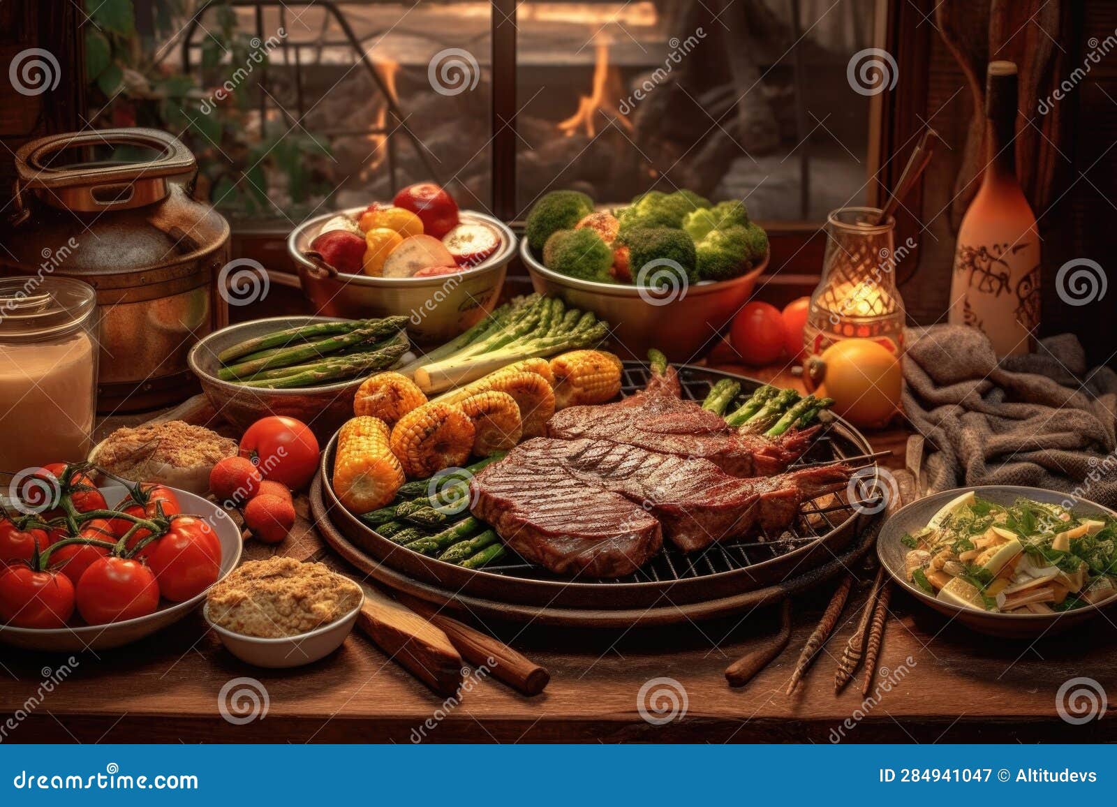 Bbq Scene with Ribeye Steaks and Grilled Vegetables Stock Image Image