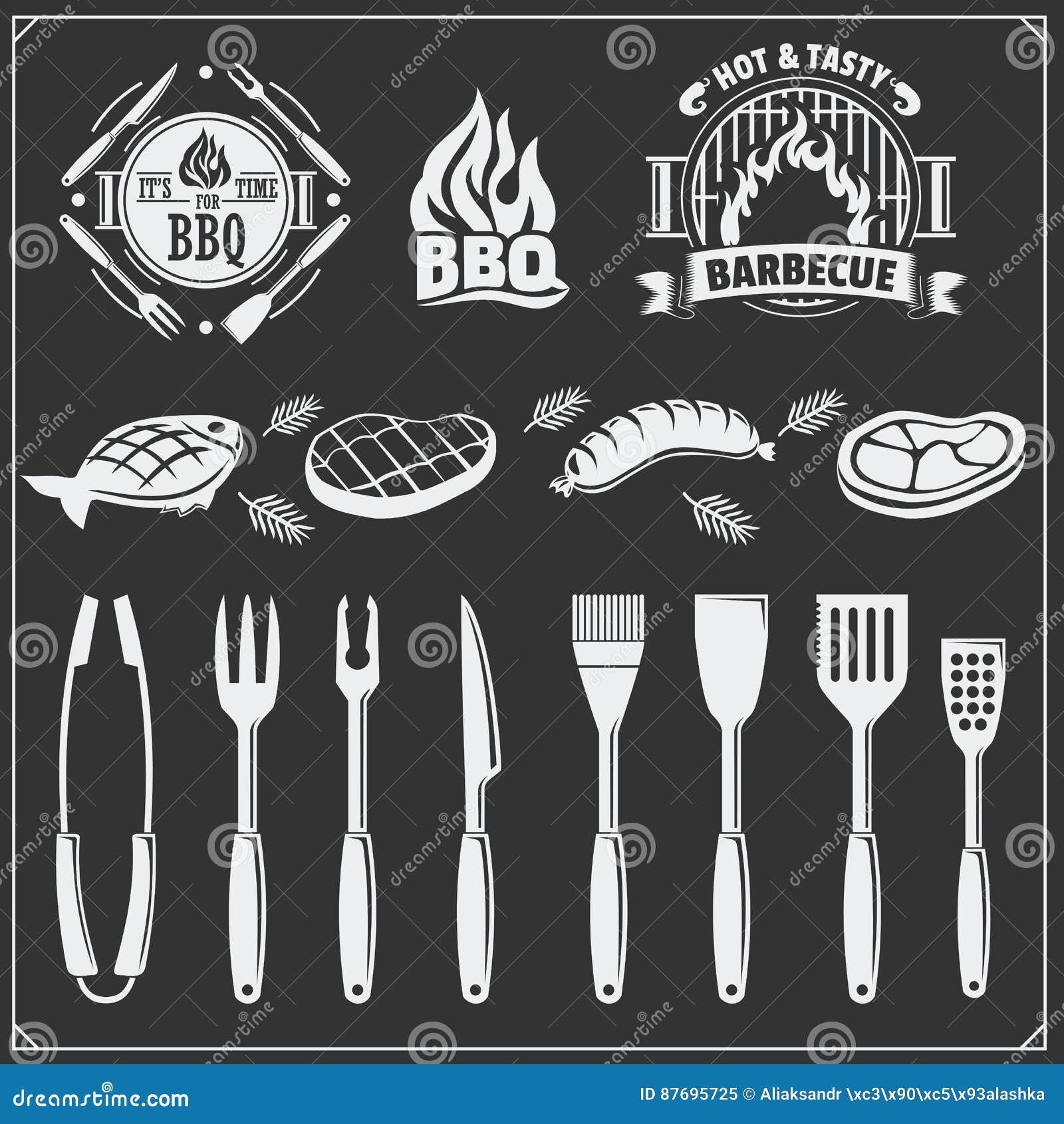BBQ Set. Steak Icons, BBQ Tools and Labels and Emblems Stock Vector Illustration of label