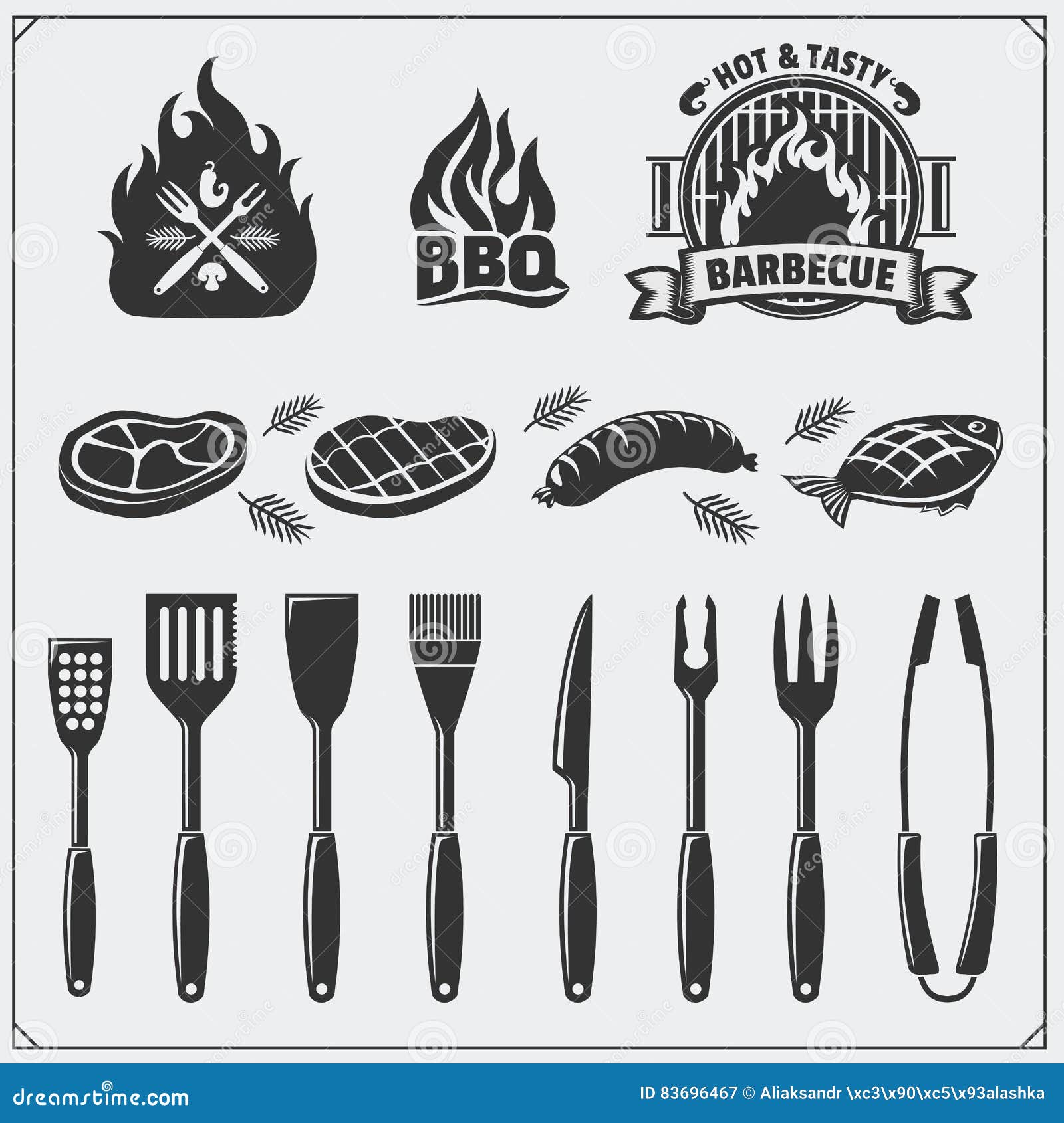 BBQ Set. Steak Icons, BBQ Tools and Labels and Emblems. Vector Monochrome Illustration Stock
