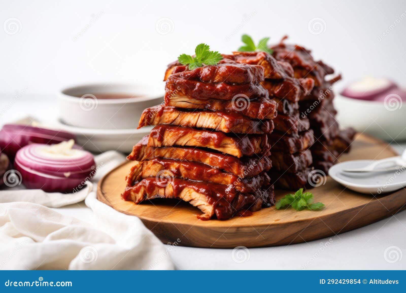 Bbq Tempeh Ribs Stacked High on a Serving Platter Stock Photo Image
