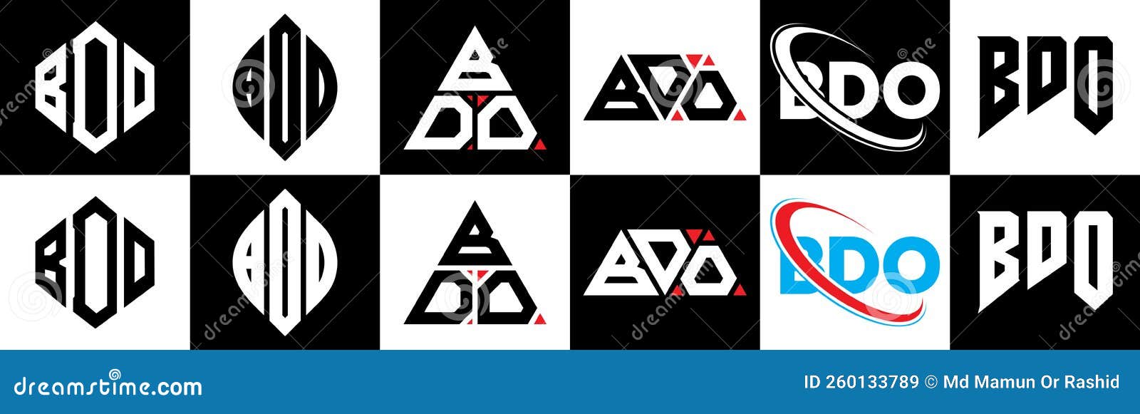 bdo letter logo  in six style. bdo polygon, circle, triangle, hexagon, flat and simple style with black and white color