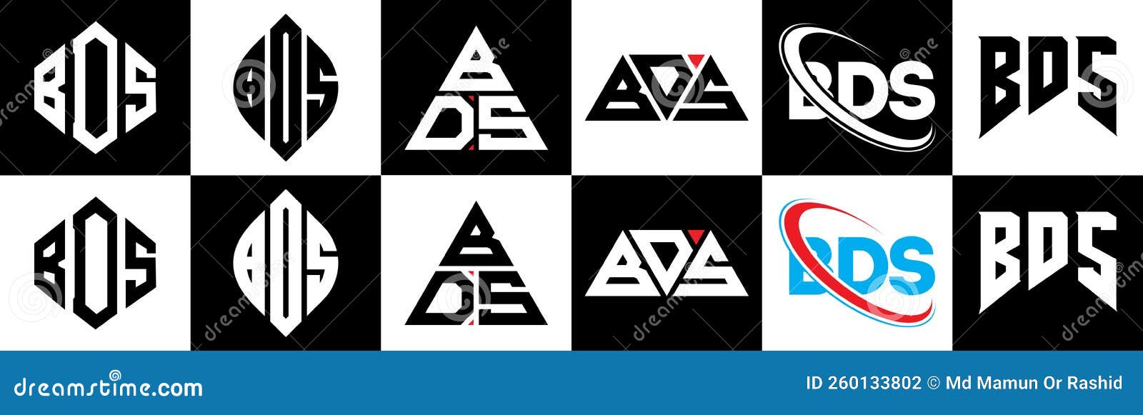 bds letter logo  in six style. bds polygon, circle, triangle, hexagon, flat and simple style with black and white color
