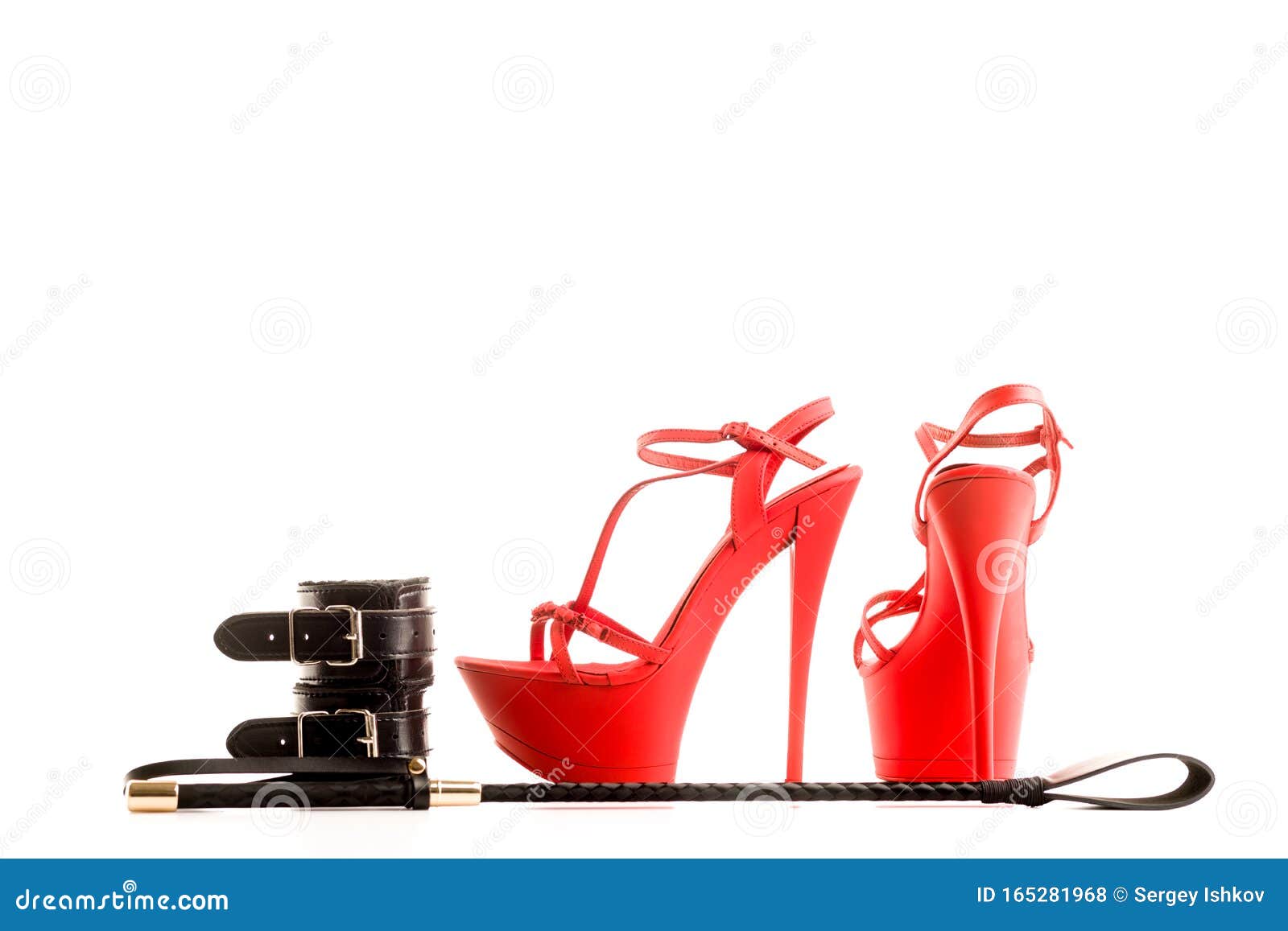 Bdsm Outfit For Adult Sex Games Red High Heeled Striptease Shoes And Handcuffs Whip Isolated