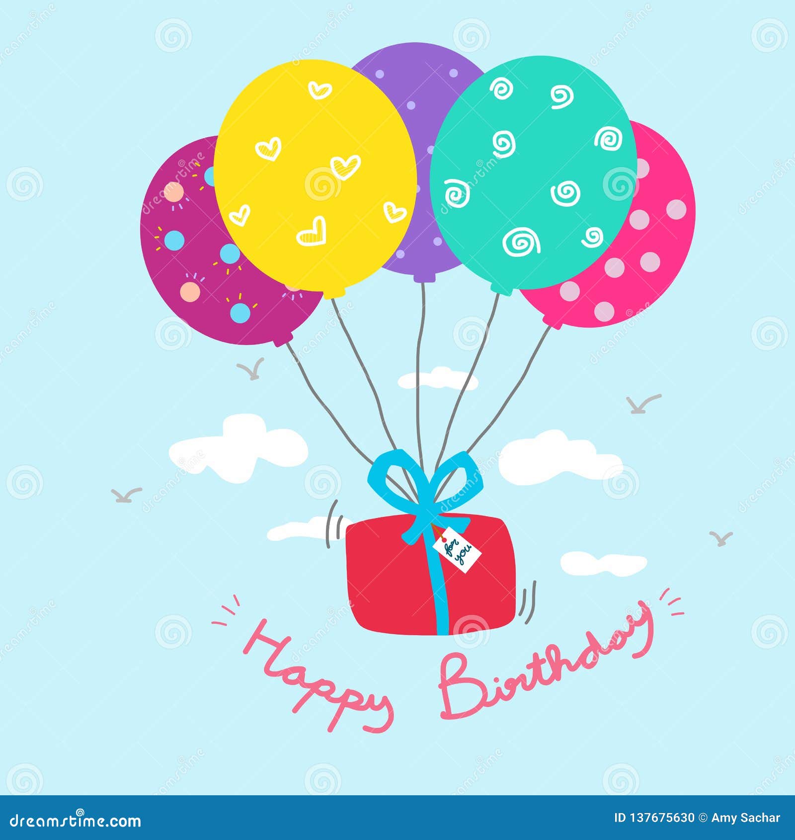 Happy Birthday Gift Box and Colorful Balloon Cartoon Illustration Stock ...