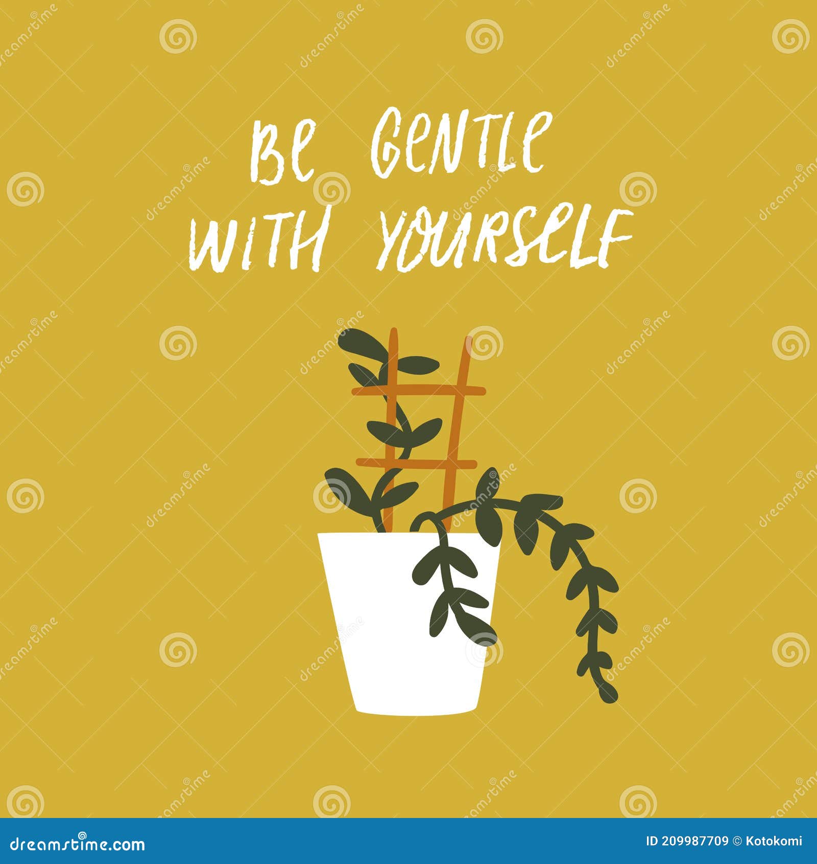 be gentle with yourself. inspirational quote about mental health and selfcare. potted home plant with support