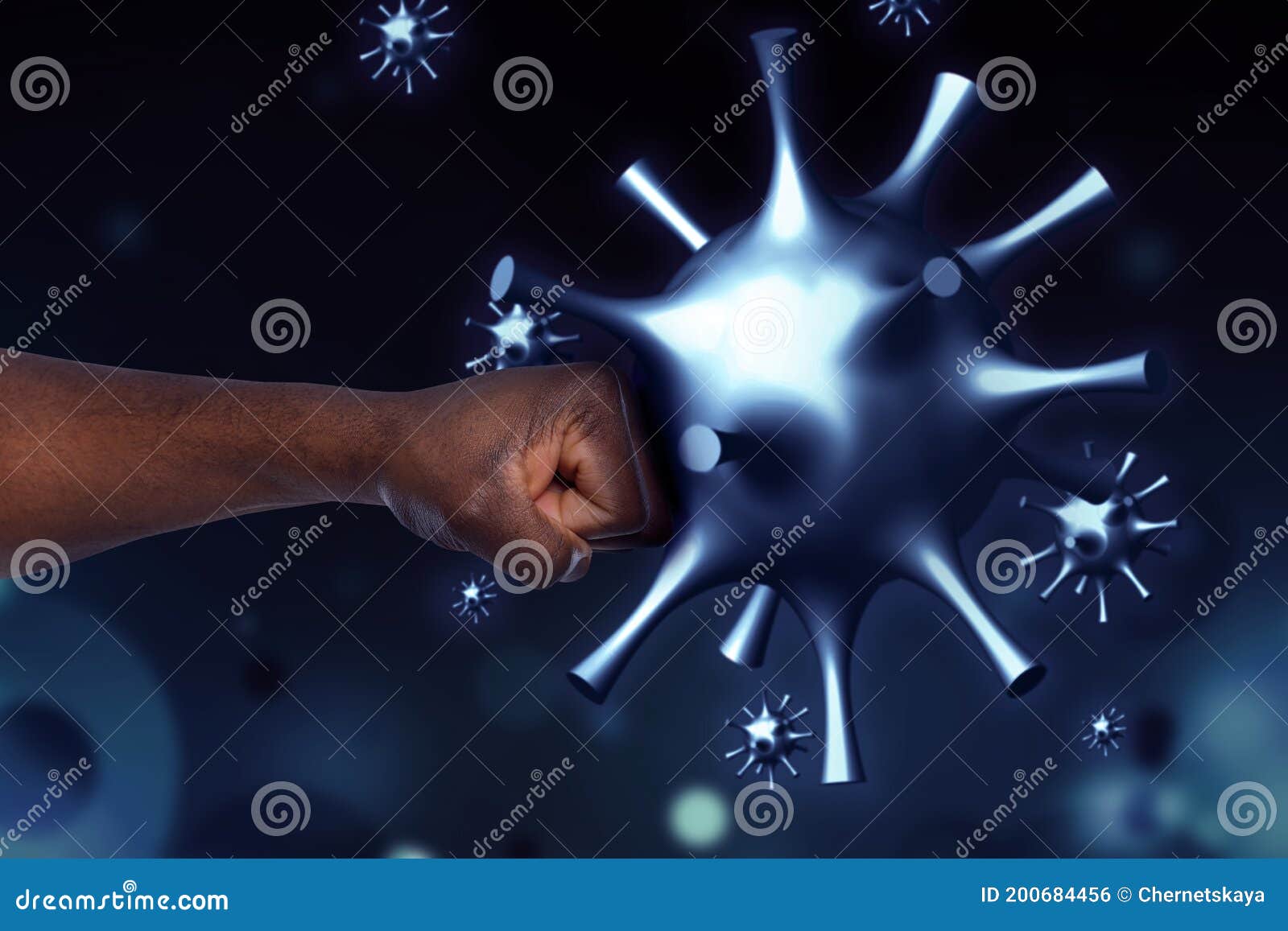 be healthy - boost your immunity to fight with illness. african american man showing clenched fist surrounded by viruses, closeup