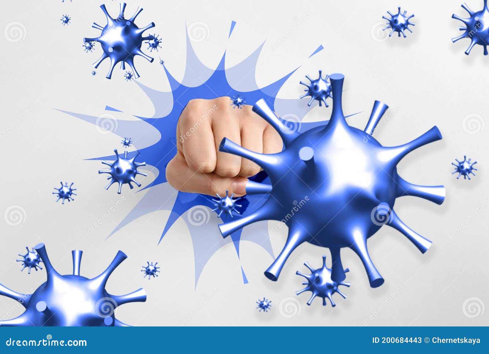 be healthy - boost your immunity to fight with illness. woman showing clenched fist surrounded by viruses, closeup