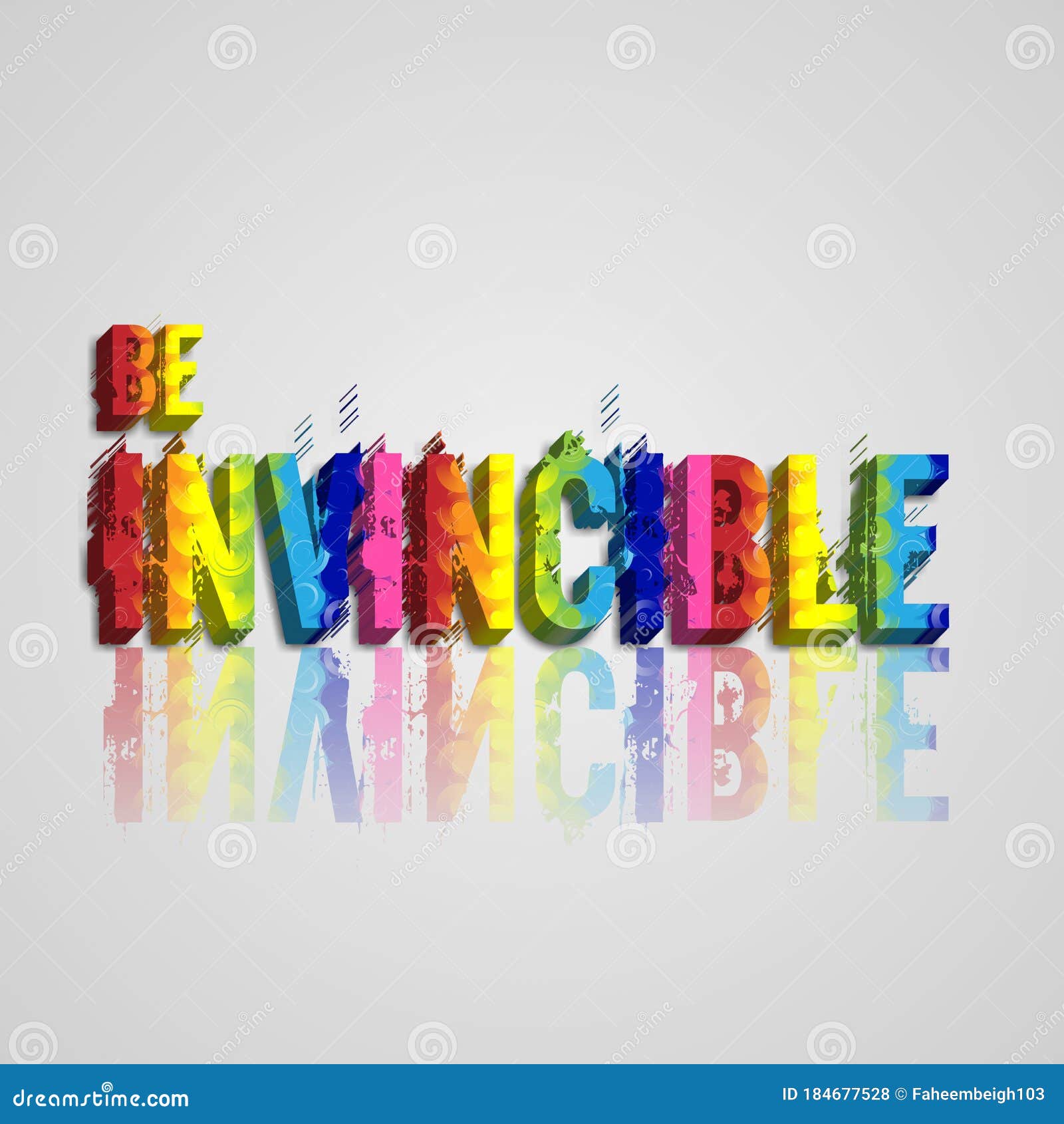 be invincible postcard template  with grungy rainbow color texture on a text on gradient white background.