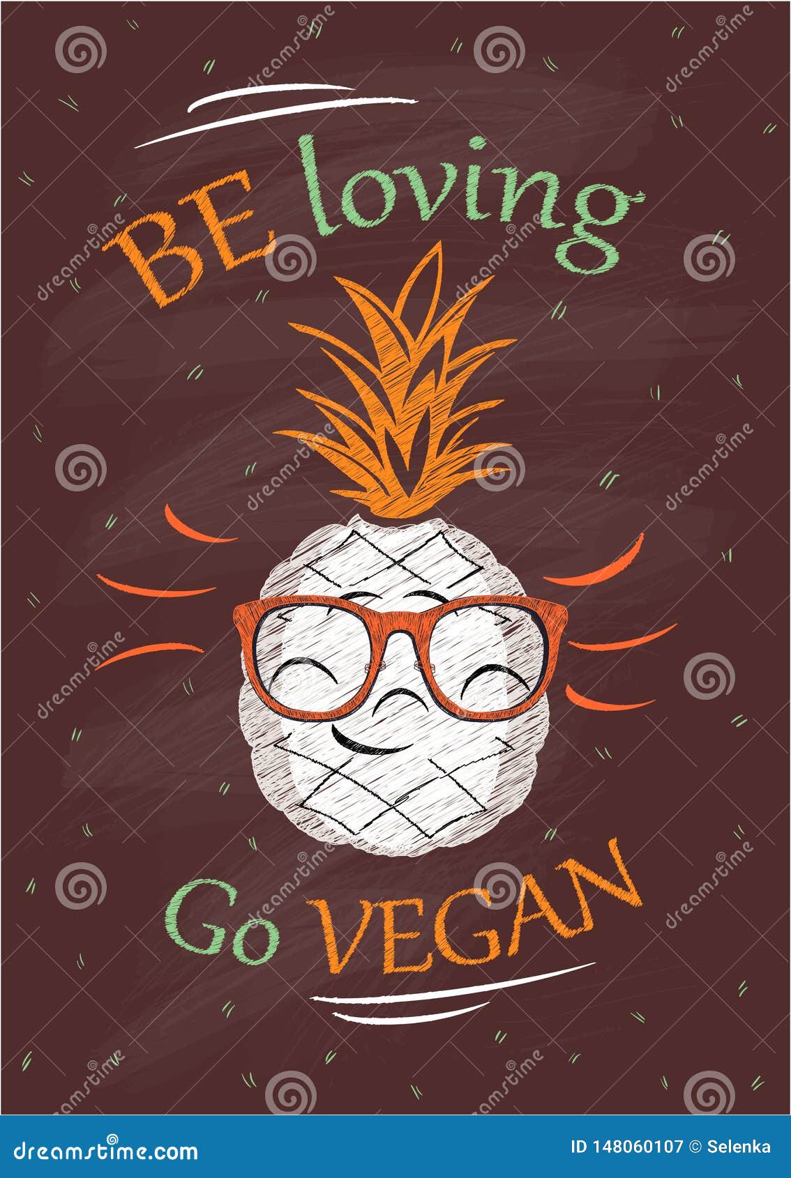Be Loving Go Vegan, Chalkboard Vector Poster with Pineapple Stock