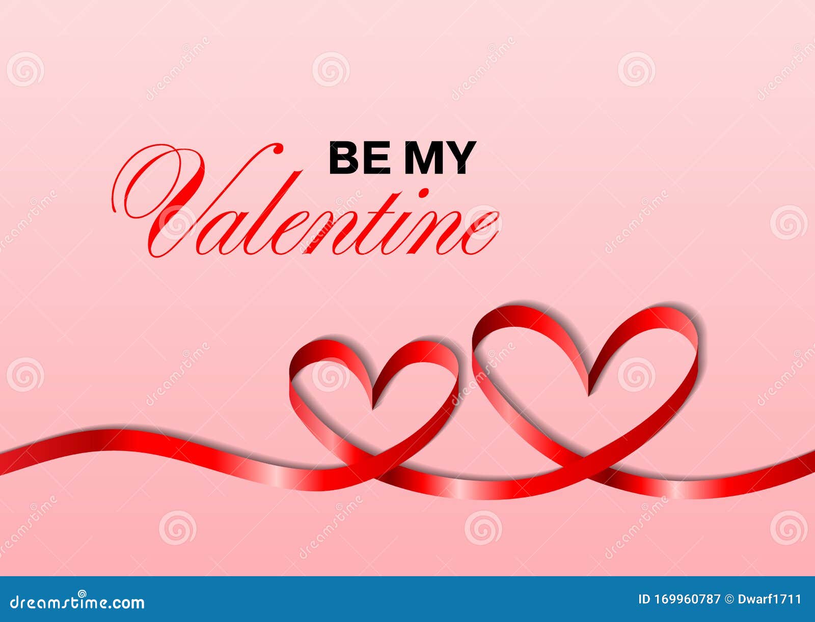 Be My Valentine banner, flyer, poster, voucher, greeting or invitation card template. Two hearts from red ribbon on pink background. 