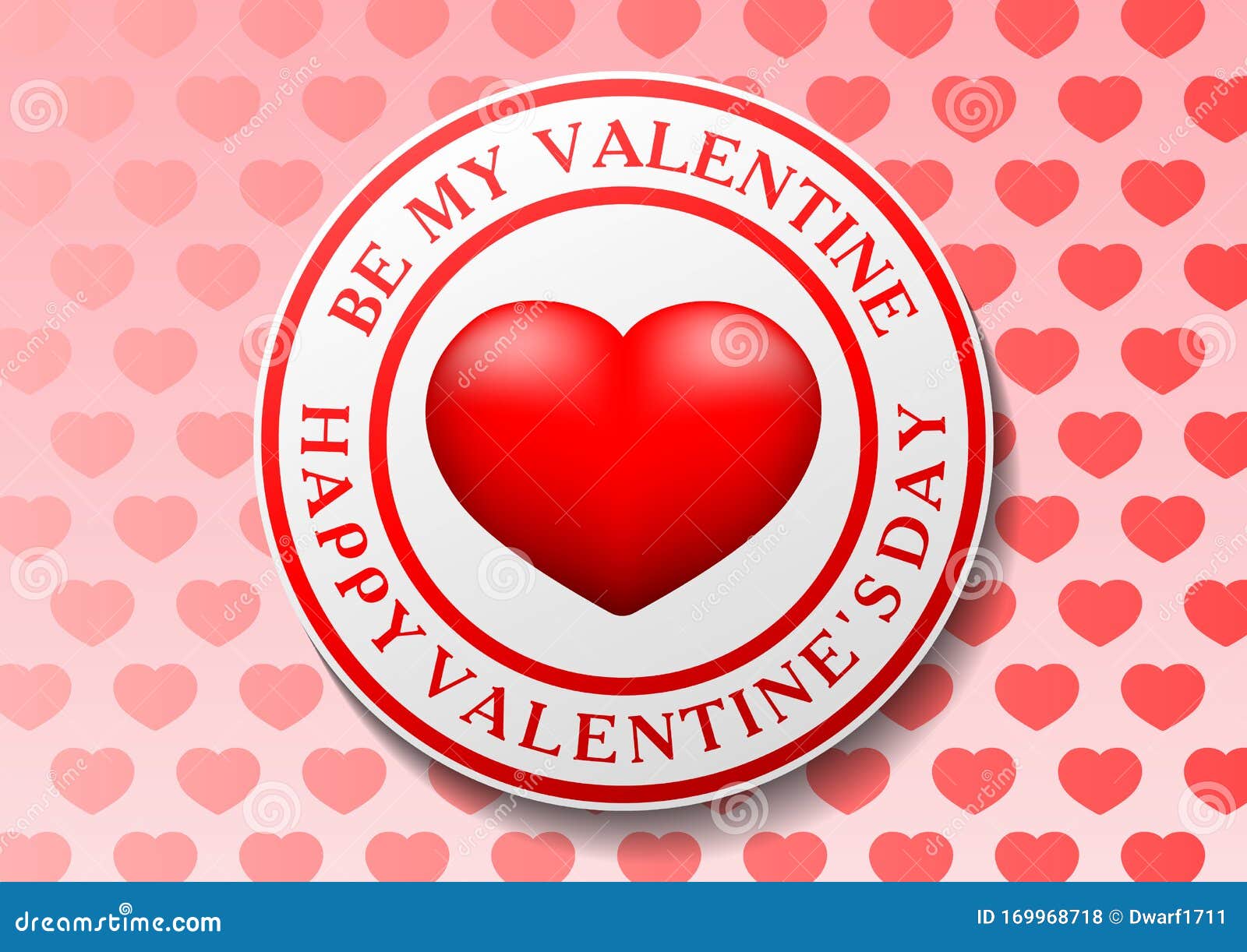 Be My Valentine and Happy Valentines Day text around red heart in ring on pink hearts background. Cute card, banner, flyer, poster, voucher or greeting card template. 