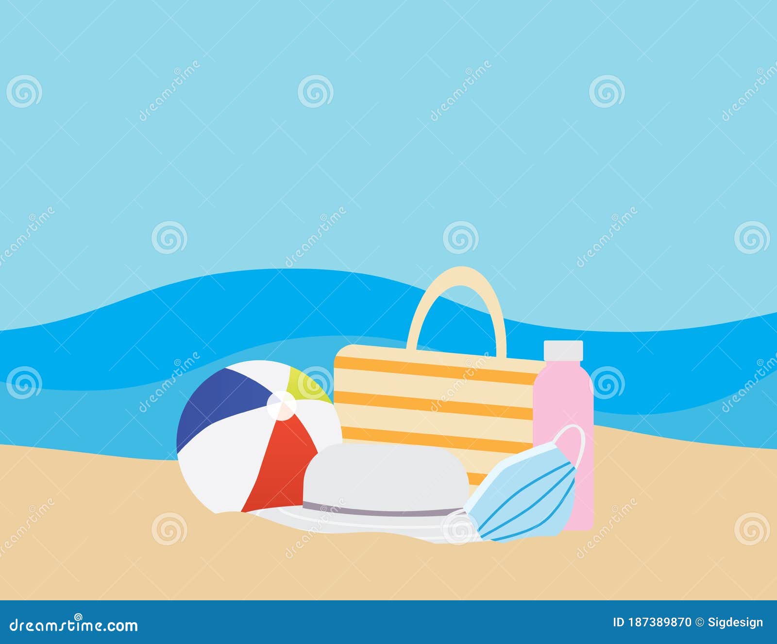 Flat Illustration of Colorful Beach Ball, Beach Bag, Water Bottle Face ...