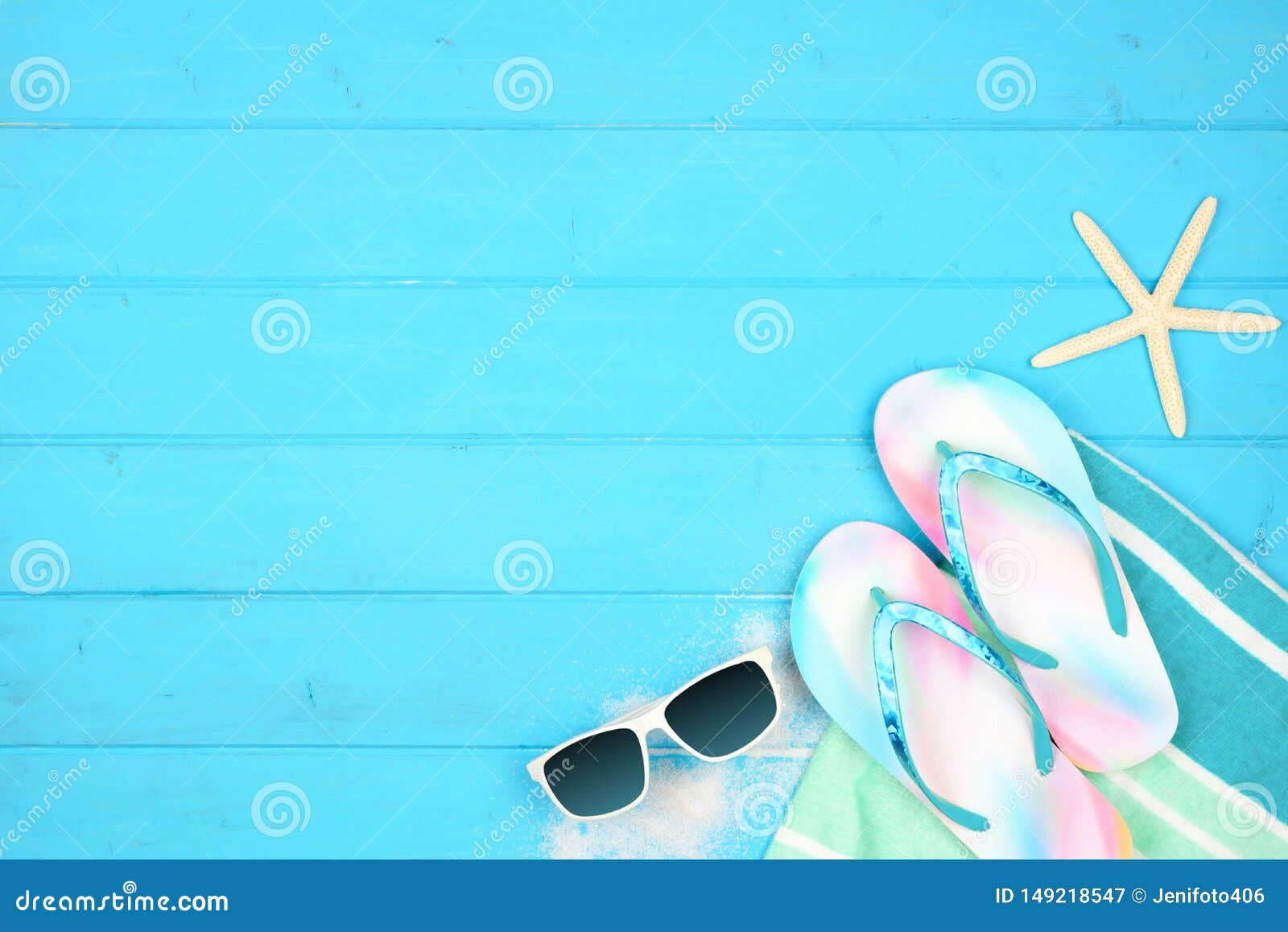 Summer Vacation Beach Accessories Corner Border On A Blue Wood ...