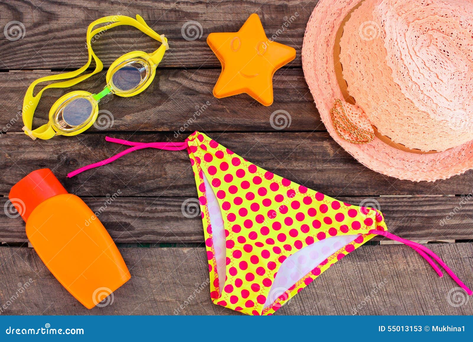 Beach Accessories on the Old Wooden Background. Stock Image - Image of ...