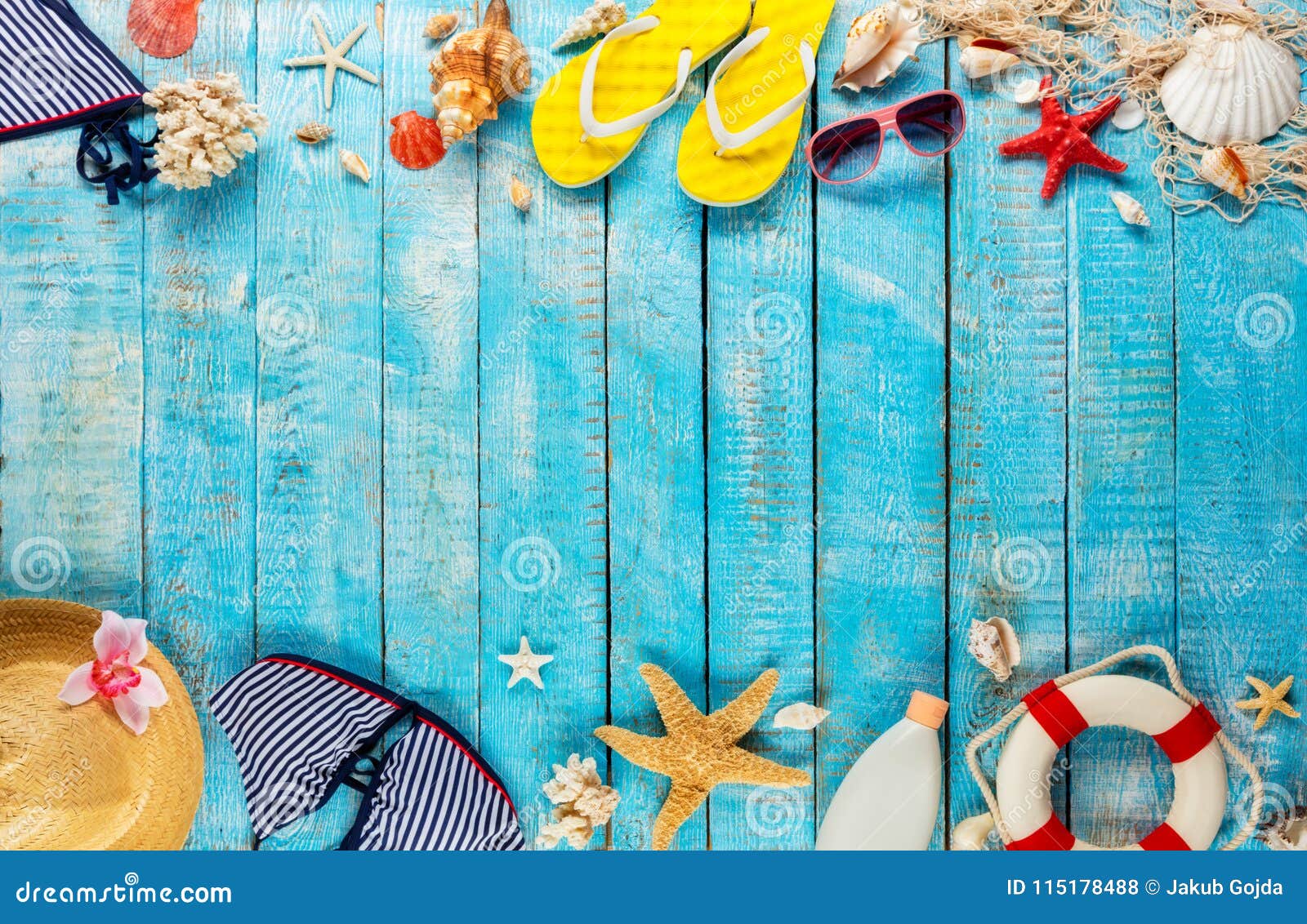 Beach Accessories Placed on Blue Wooden Planks, Top View. Stock Photo ...