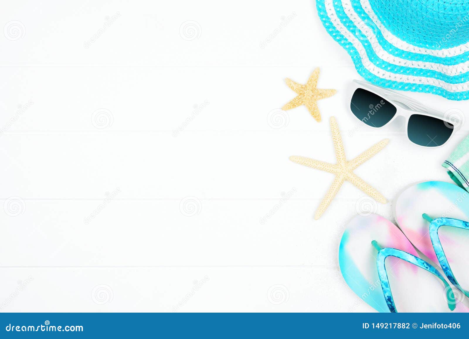 Side Border of Summer Vacation Beach Accessories on a White Wood ...