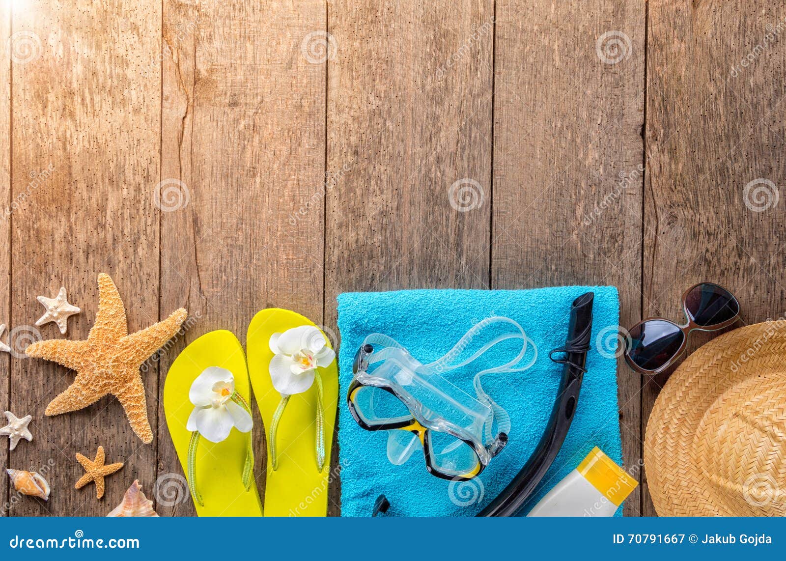 Beach Accessories on Wooden Background Stock Image Image of background, seashell 70791667