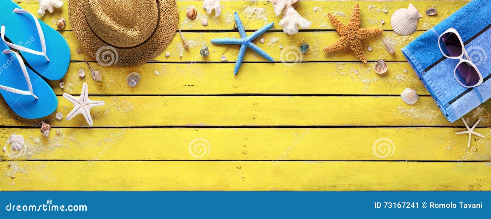 Beach Accessories on Yellow Wooden Plank - Summer Colors Stock Image ...