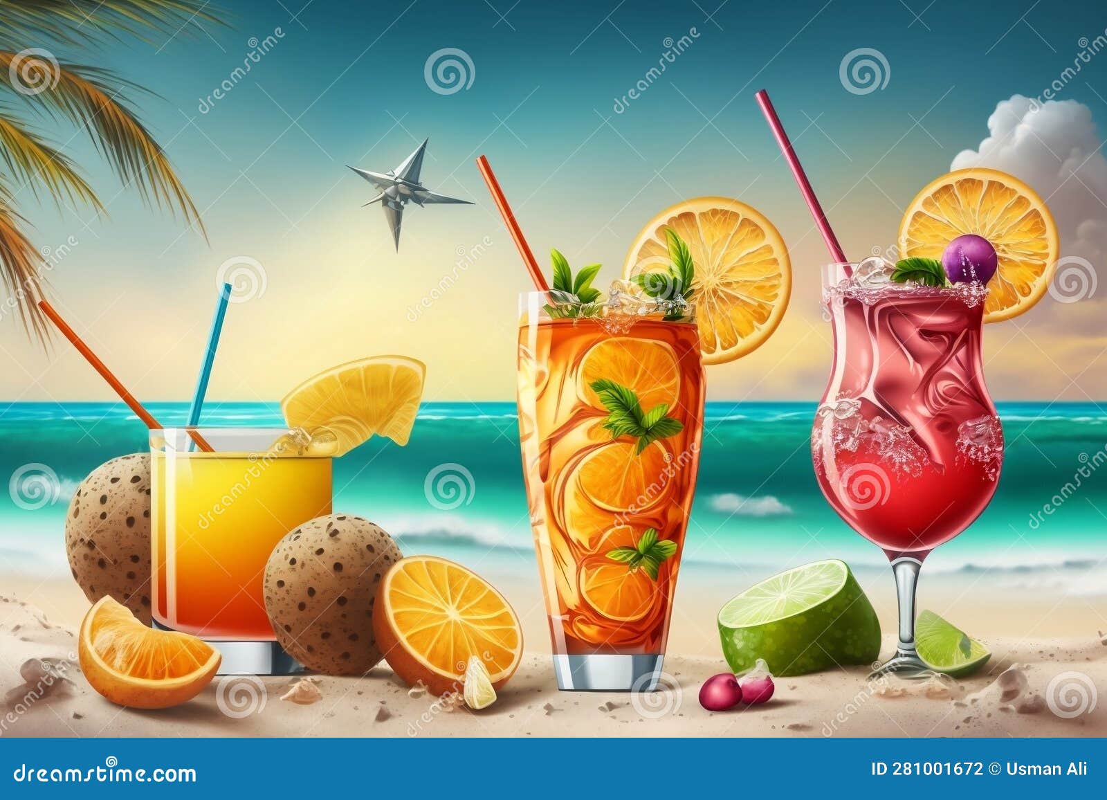 Beach Background with Fresh Cocktails and Juice Drinks. AI Stock