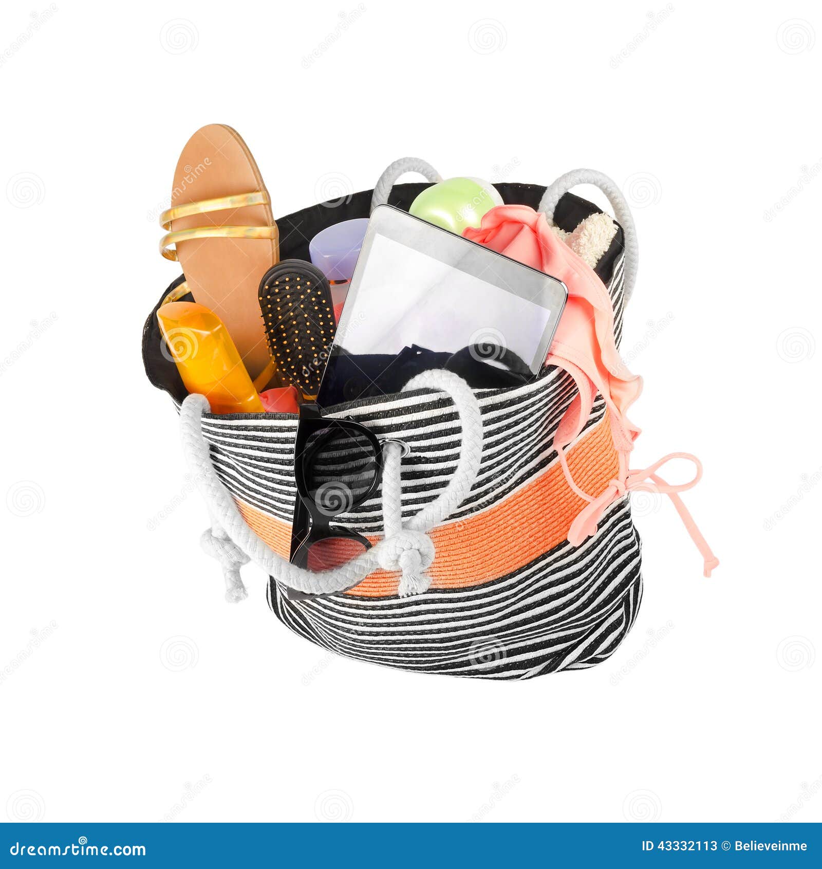 Beach bag with accessories stock image. Image of flops 43332113