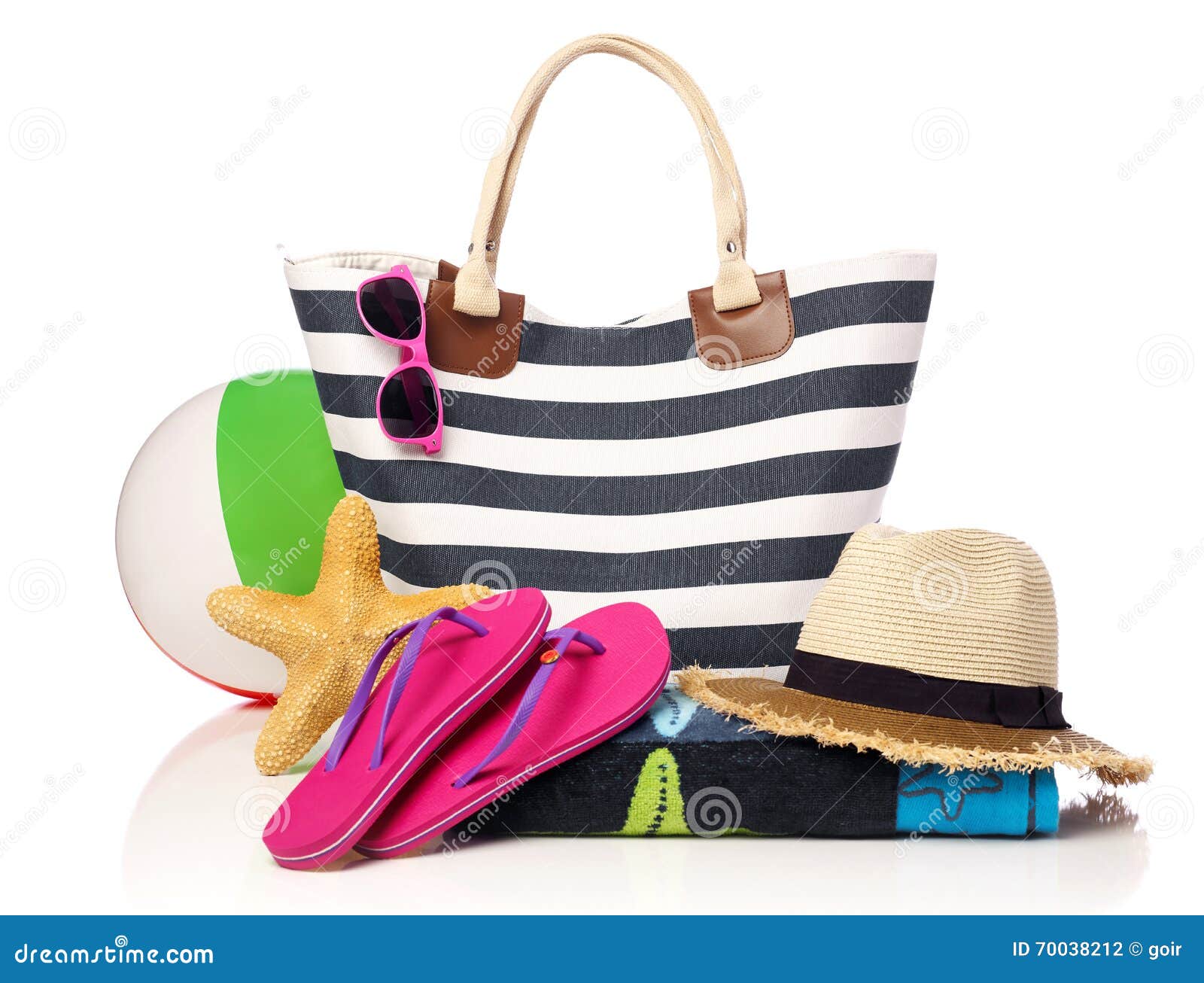 Beach bag and accessories stock photo. Image of ball 70038212
