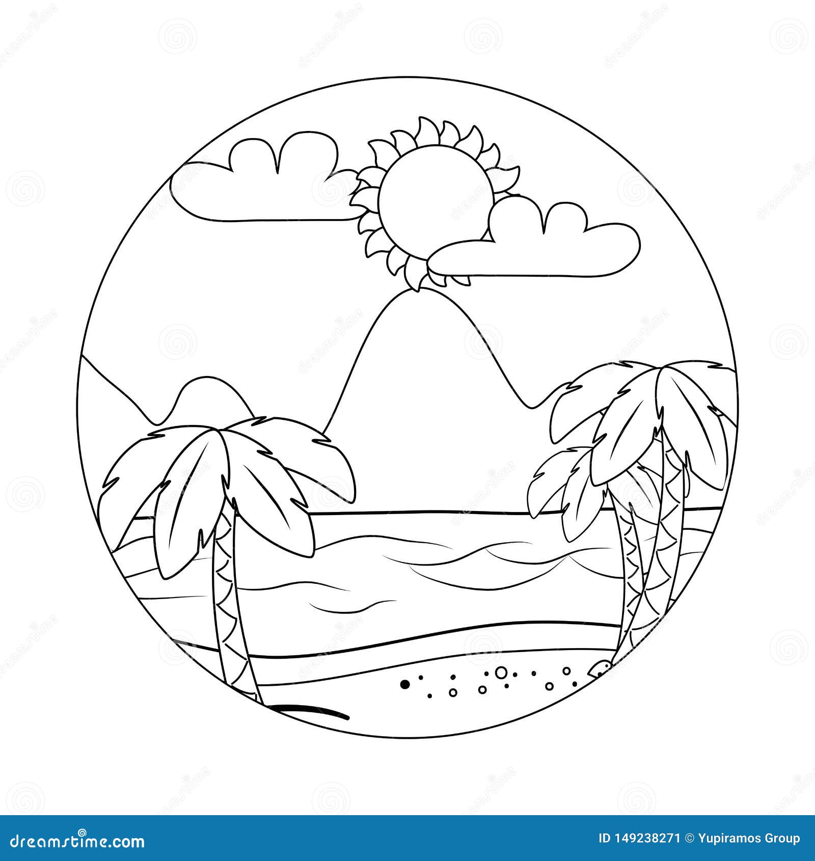 Beach Cartoon Round Label in Black and White Stock Vector - Illustration of  sunshine, clouds: 149238271