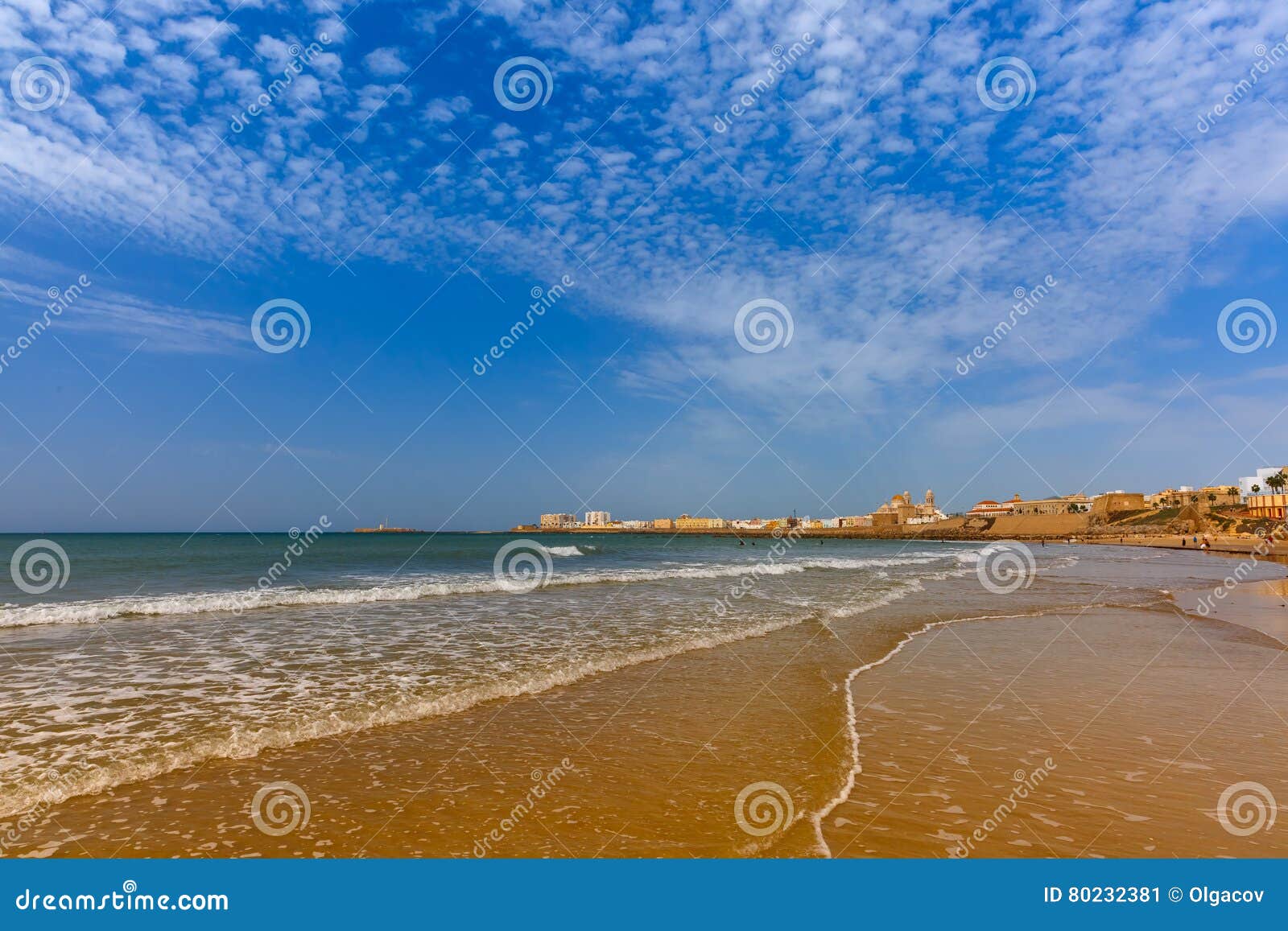 beach and cathedral in cadiz, andalusia, spain