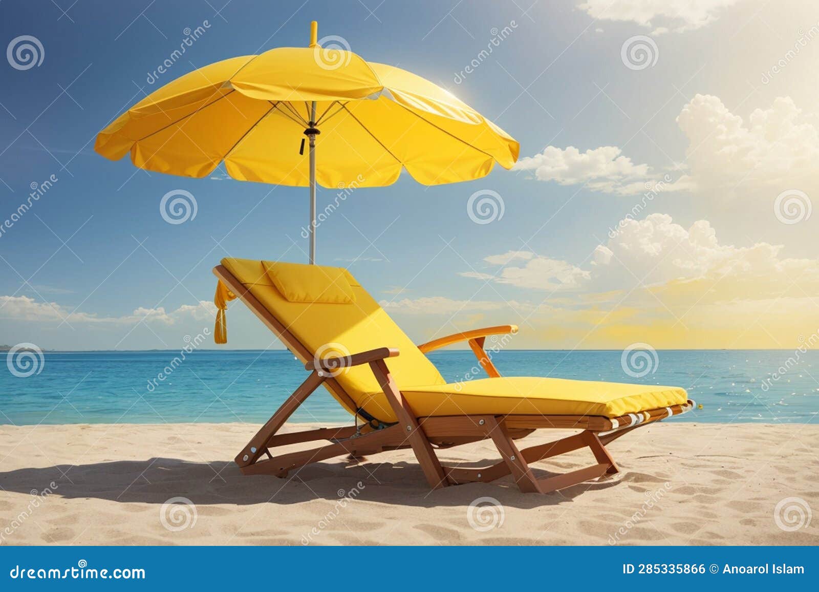 Beach Chair and Yellow Umbrella for Relaxation Stock Illustration