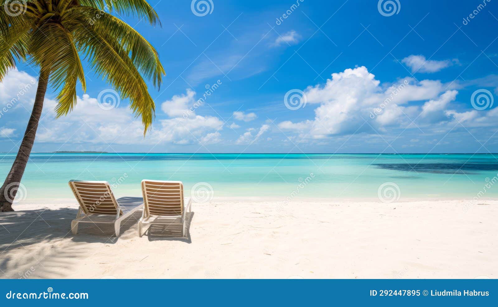 Beach Chairs on Tropical Beach with Coconut Palm Tree. Stock Image
