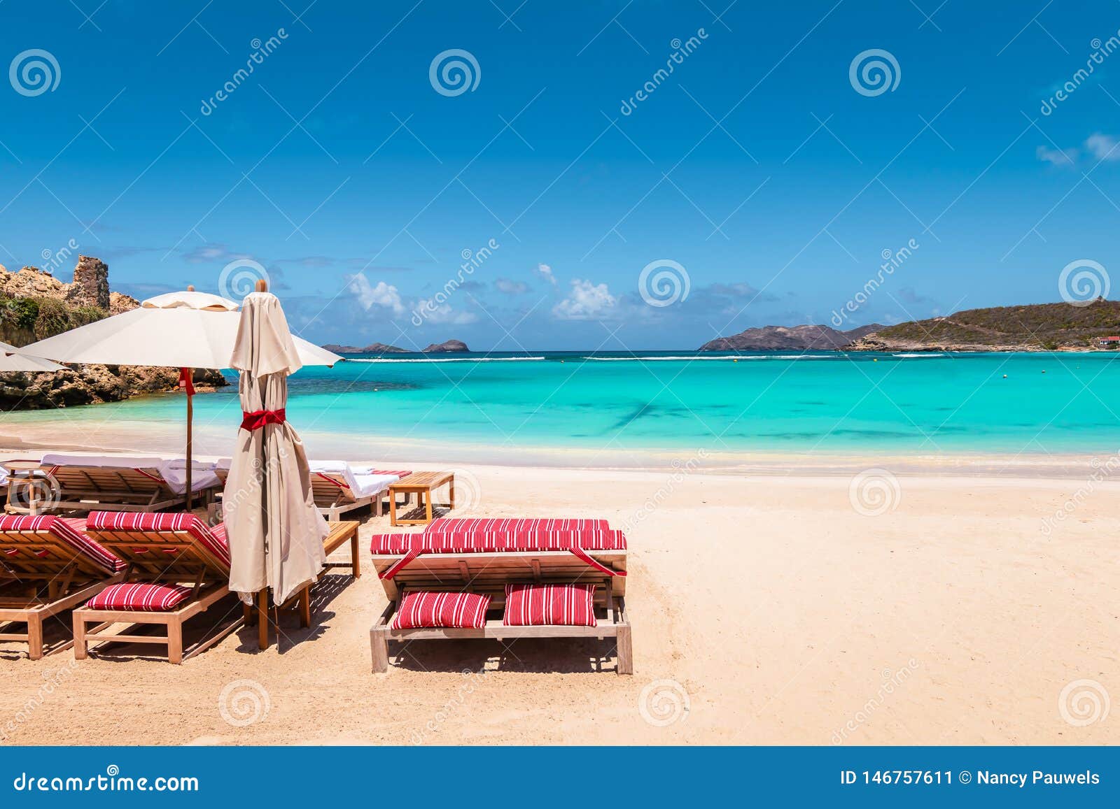 Beach Chairs And Umbrella On Tropical Beach Summer Vacation And