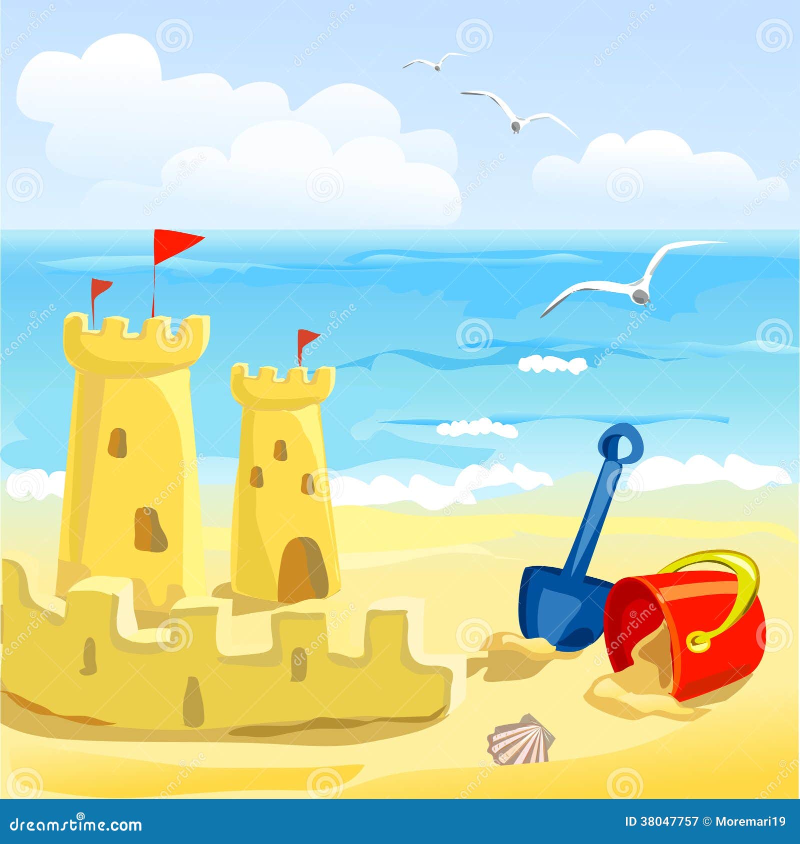 Beach with Childrens Toys and Sandcastles Stock Vector Illustration