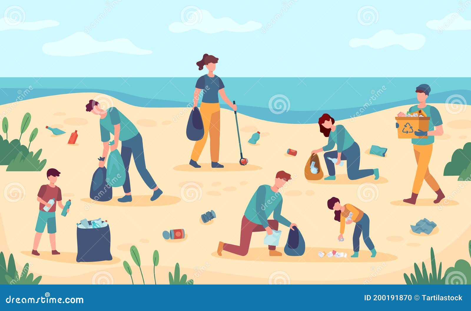 Beach Cleaning. Volunteers Protect Sea Coast from Pollution. People ...