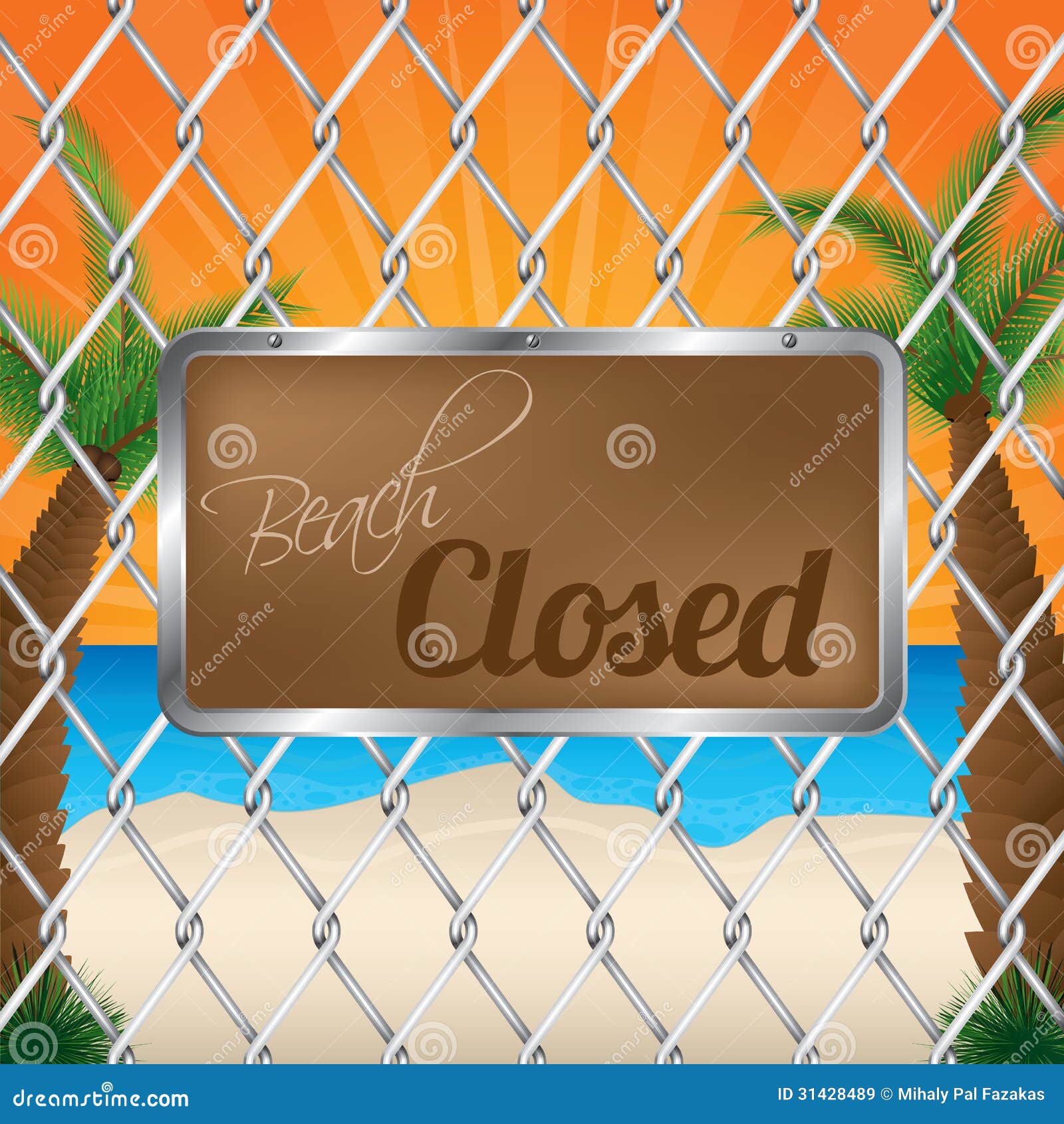 Beach Closed Sign on Wired Fence Stock Vector Illustration of burst
