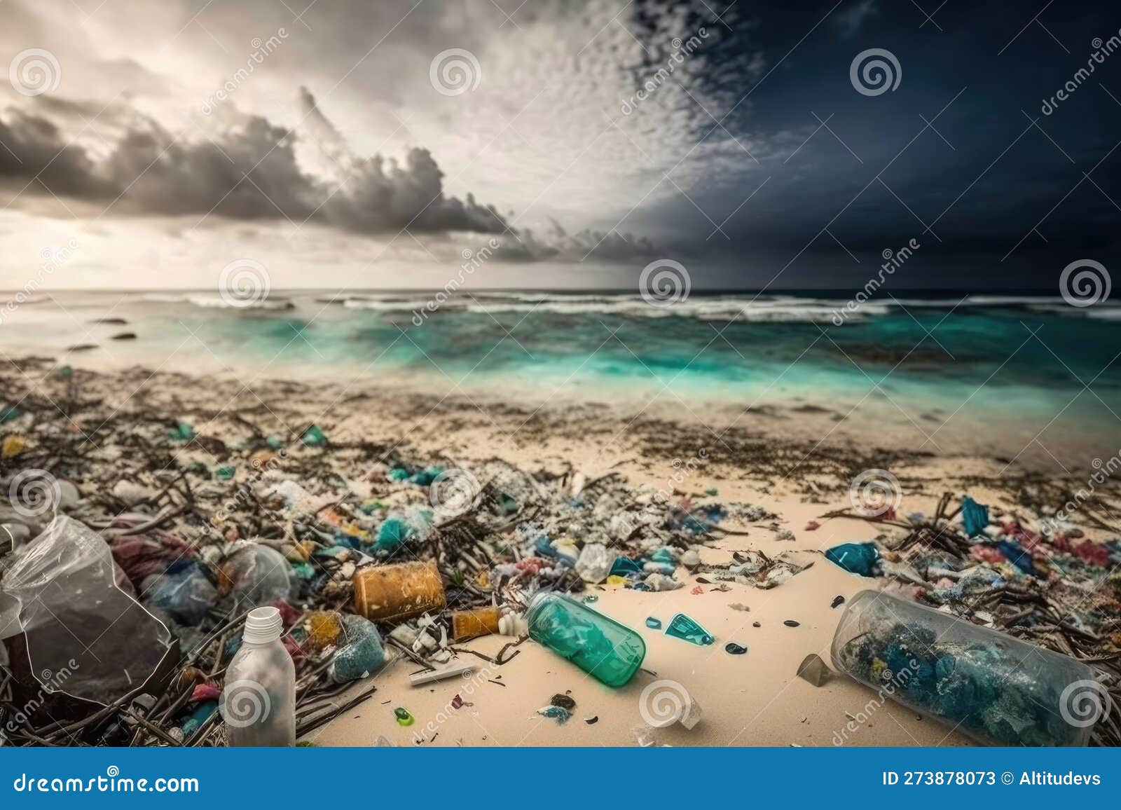 Beach Covered in Trash, with Plastic Bottles and Other Harmful Waste