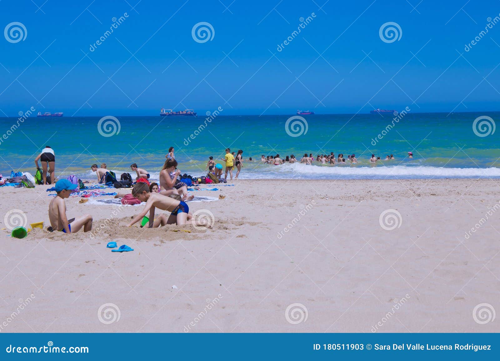 Beach Day in Summer with Lifeguard Sun and Sand with Bathers on ...