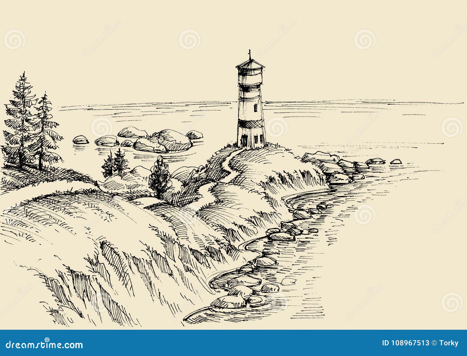 Sketch of island with lighthouse at ocean waters Vector Image