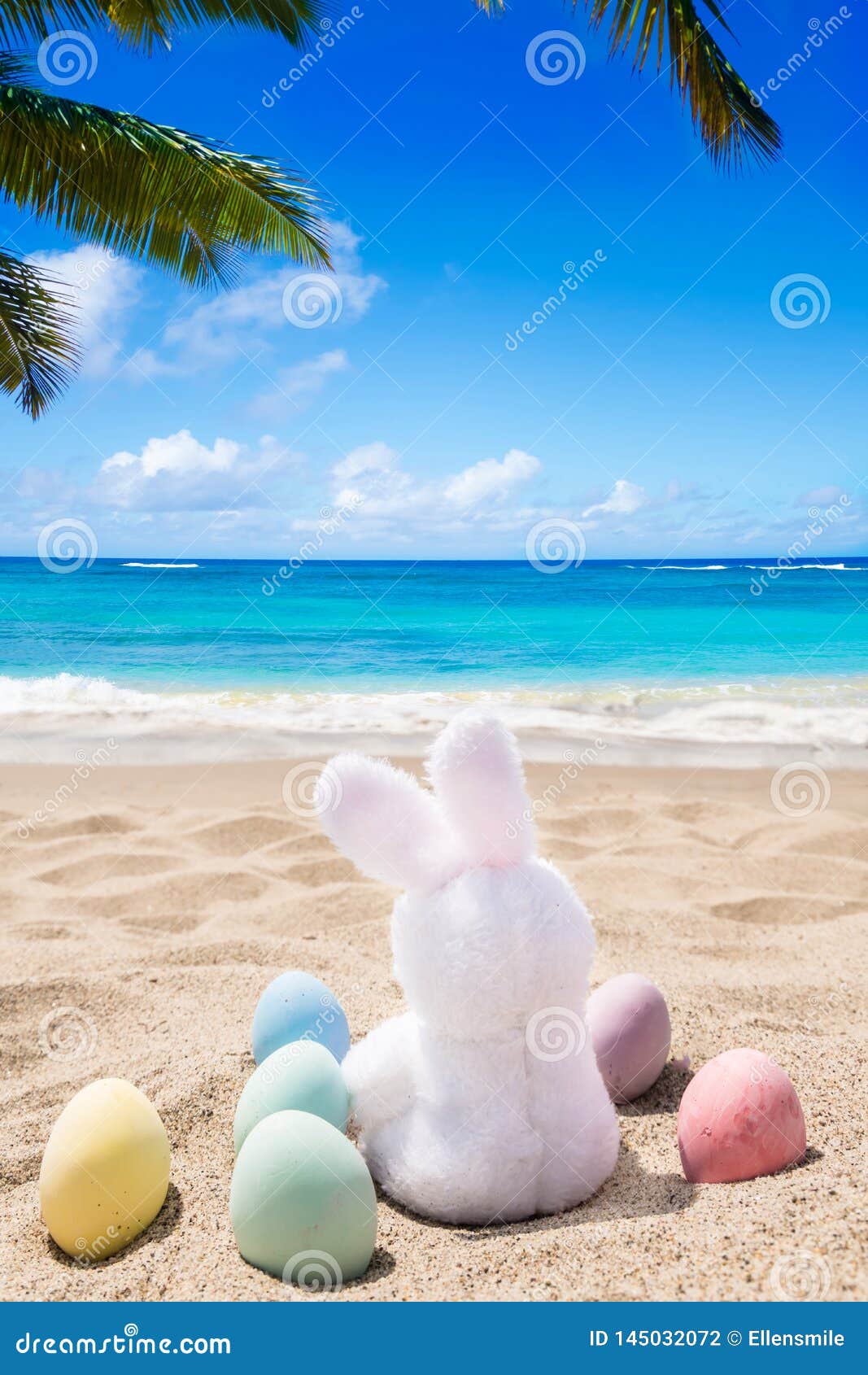 Beach Easter Background With Bunny And Color Eggs Stock Photo Image