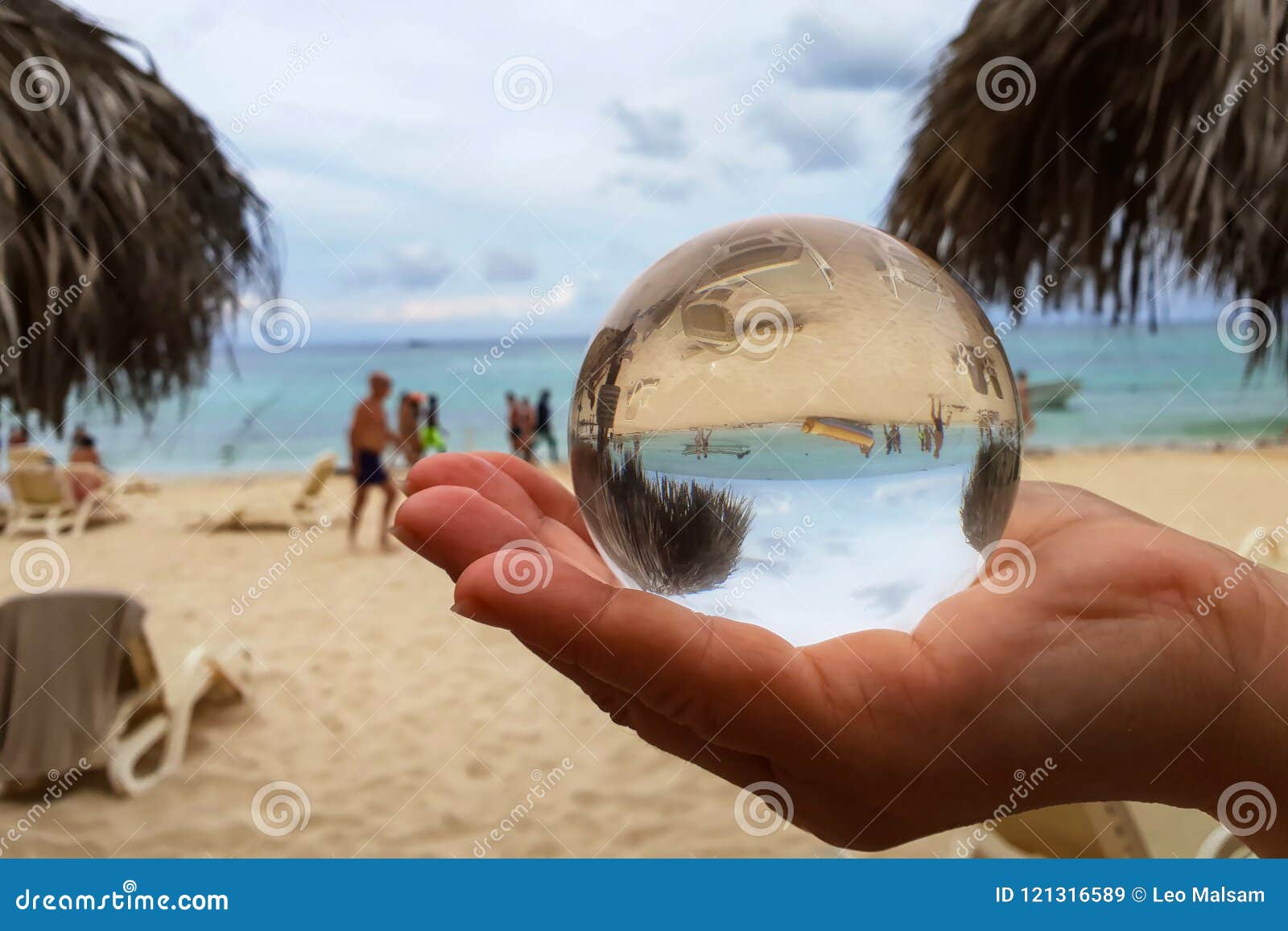 Beach through a glass ball stock image. Image of ocean 121316589