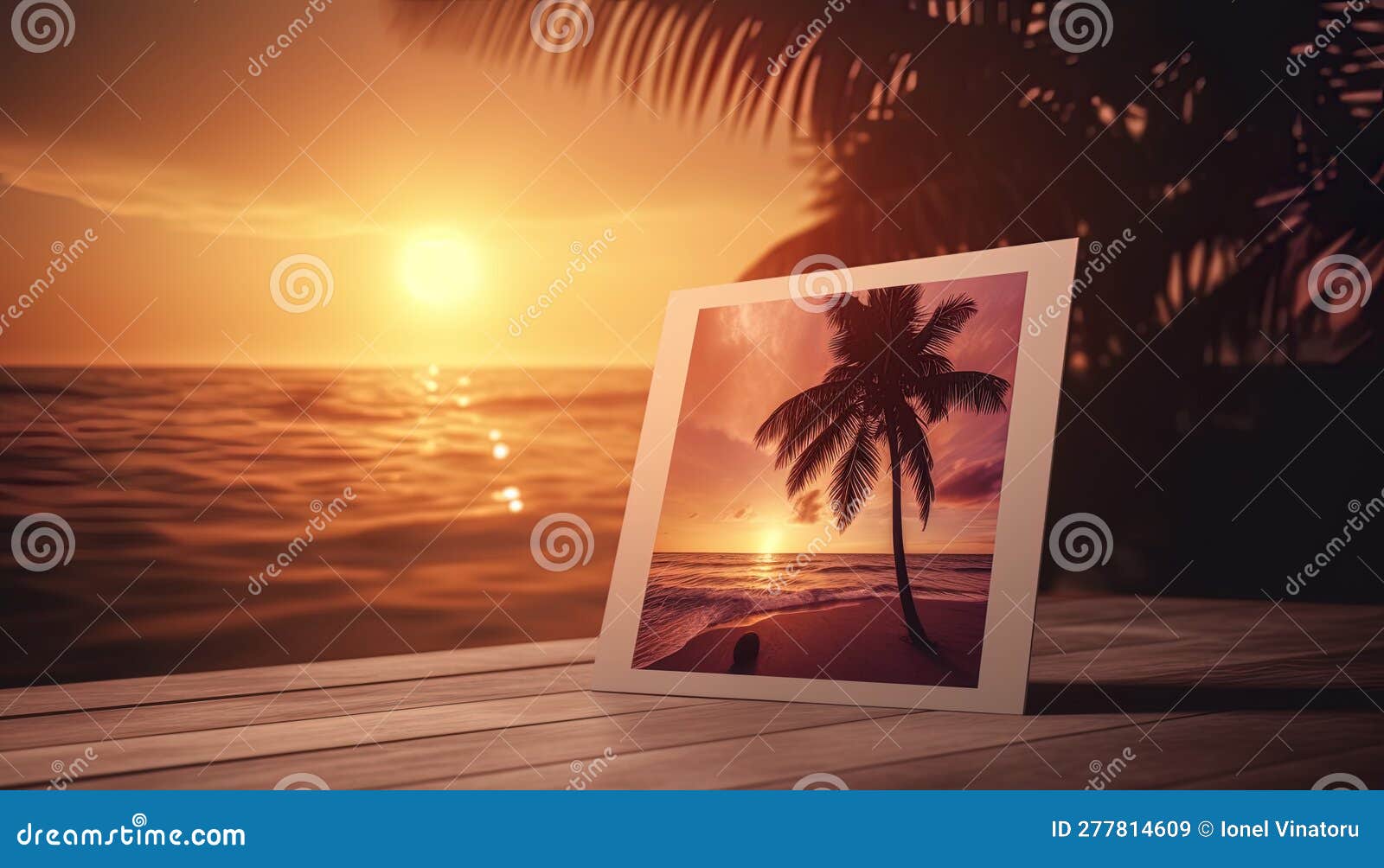 beach greeting card with dreamy , palm trees and beautiful sunset view for romantics