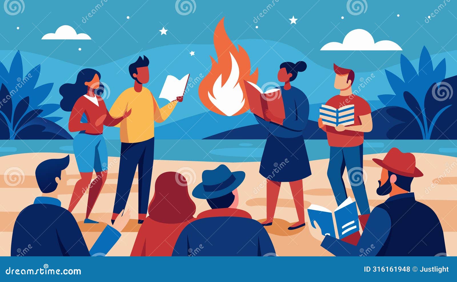 at the beach a group of friends gather around a bonfire their voices raised in unison as they read aloud patriotic poems