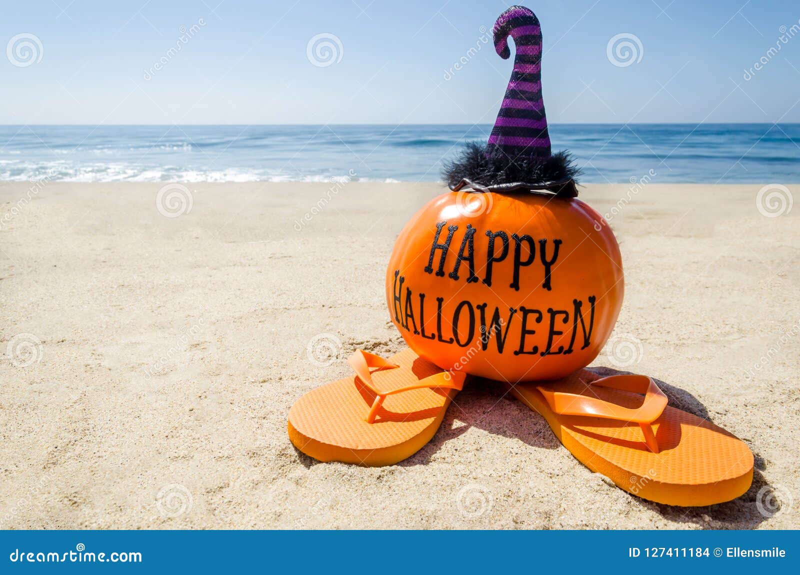 Beach Halloween Background with Pumpkin in the Witch`s Hats Stock Photo ...