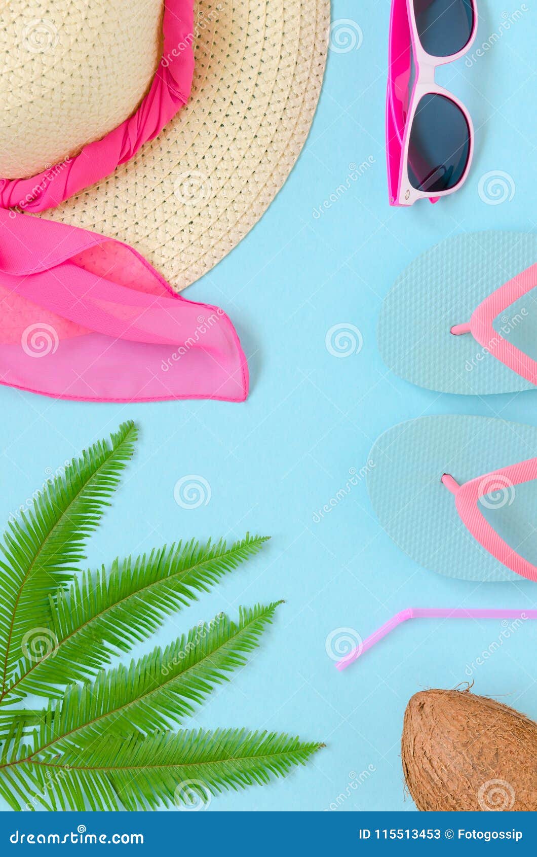 Beach Hat, Glasses, Flip-flops, Palm Leaf, Coconut Over Blue Background ...